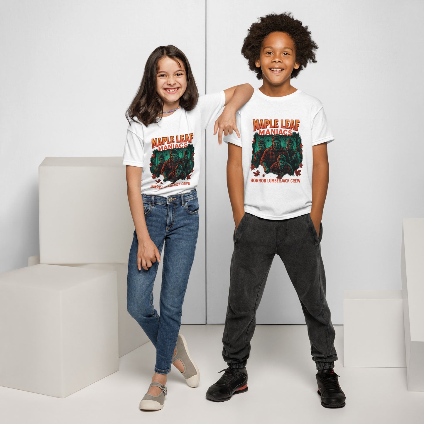 Maple Leaf Maniacs – Horror Lumberjack Crew Youth t-shirt  from Rare Plus Apparel – unique movie & pop culture inspired design.