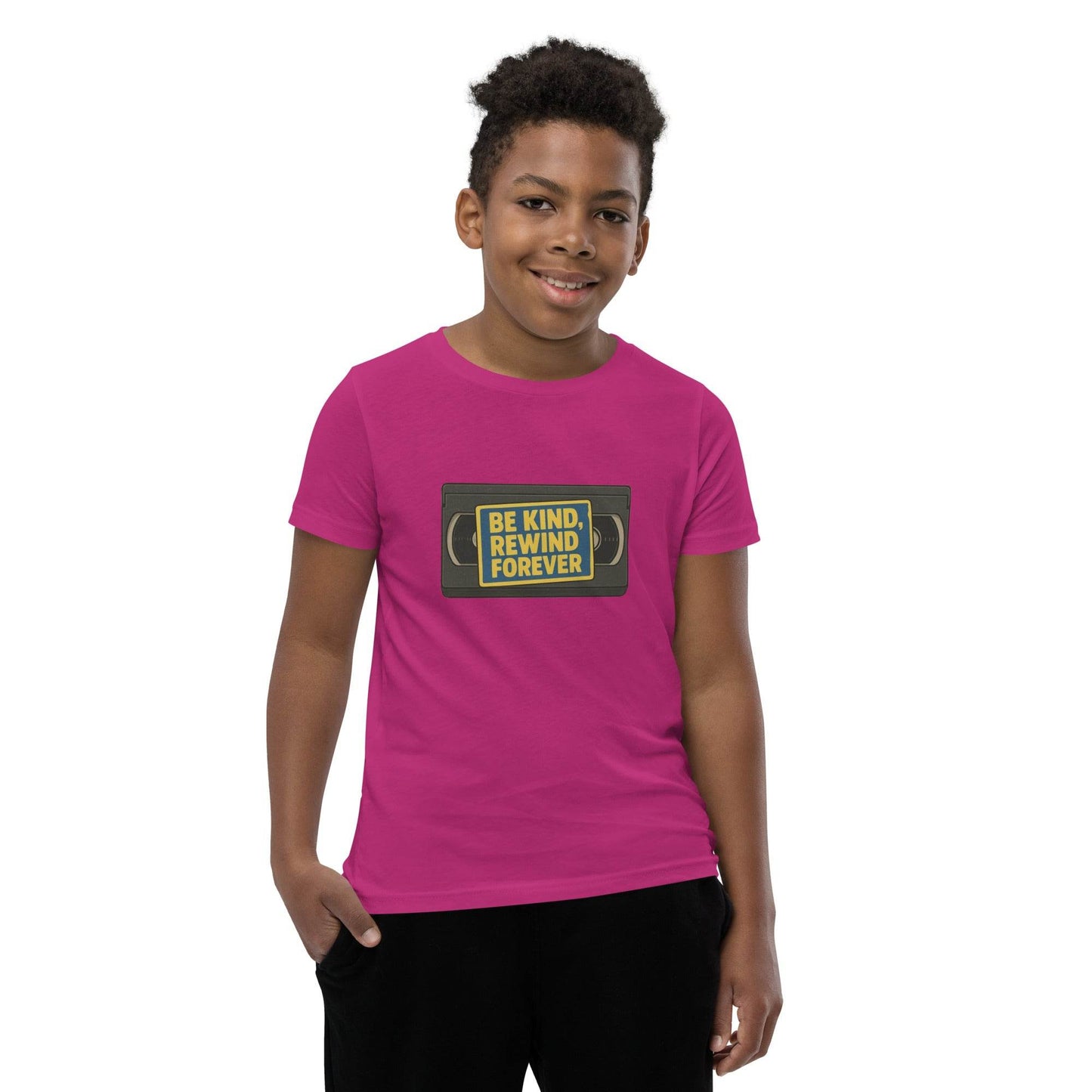 Be Kind, Rewind Forever Youth Short Sleeve T-Shirt  from Rare Plus Apparel – unique movie & pop culture inspired design.