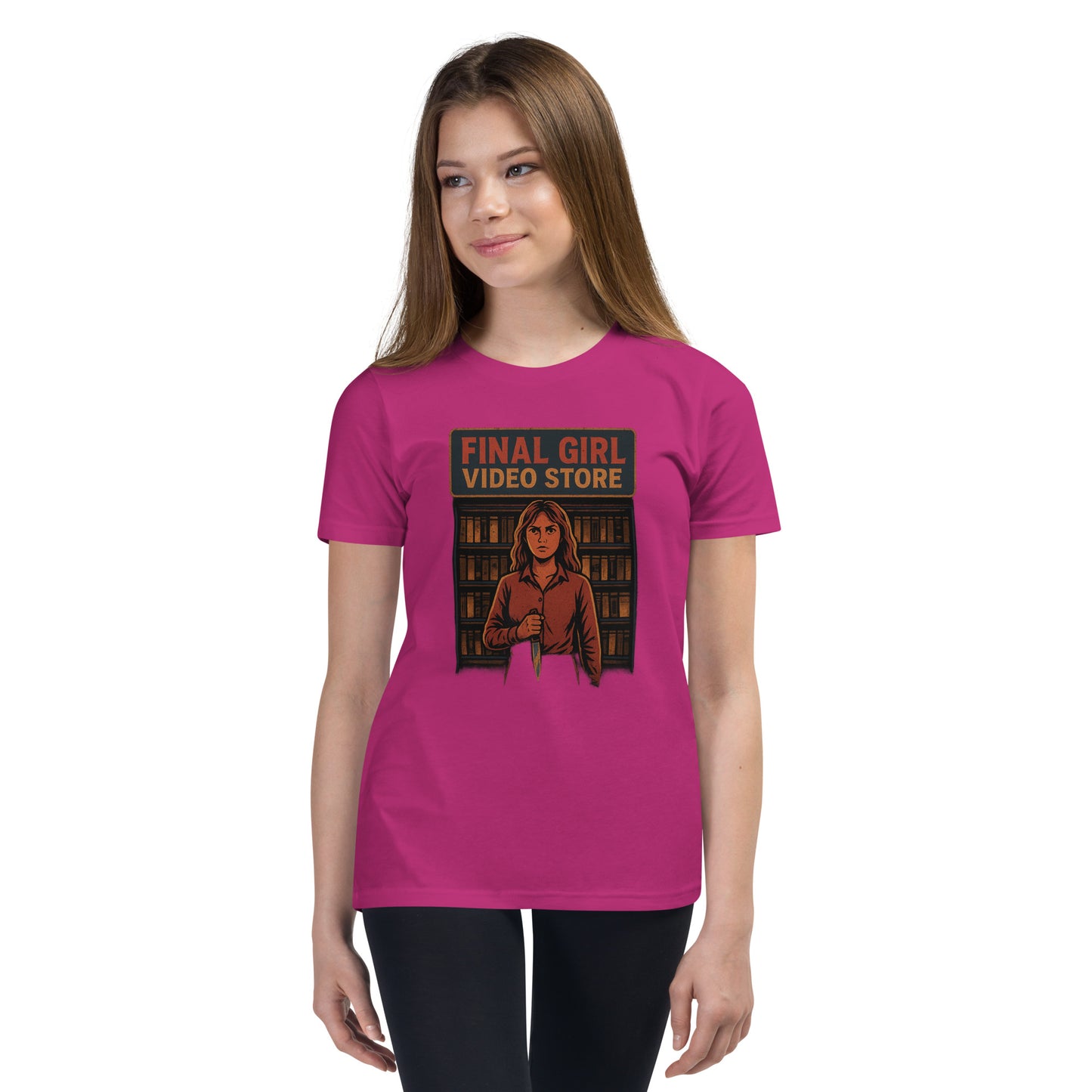 Final Girl Video Store Youth Short Sleeve T-Shirt  from Rare Plus Apparel – unique movie & pop culture inspired design.