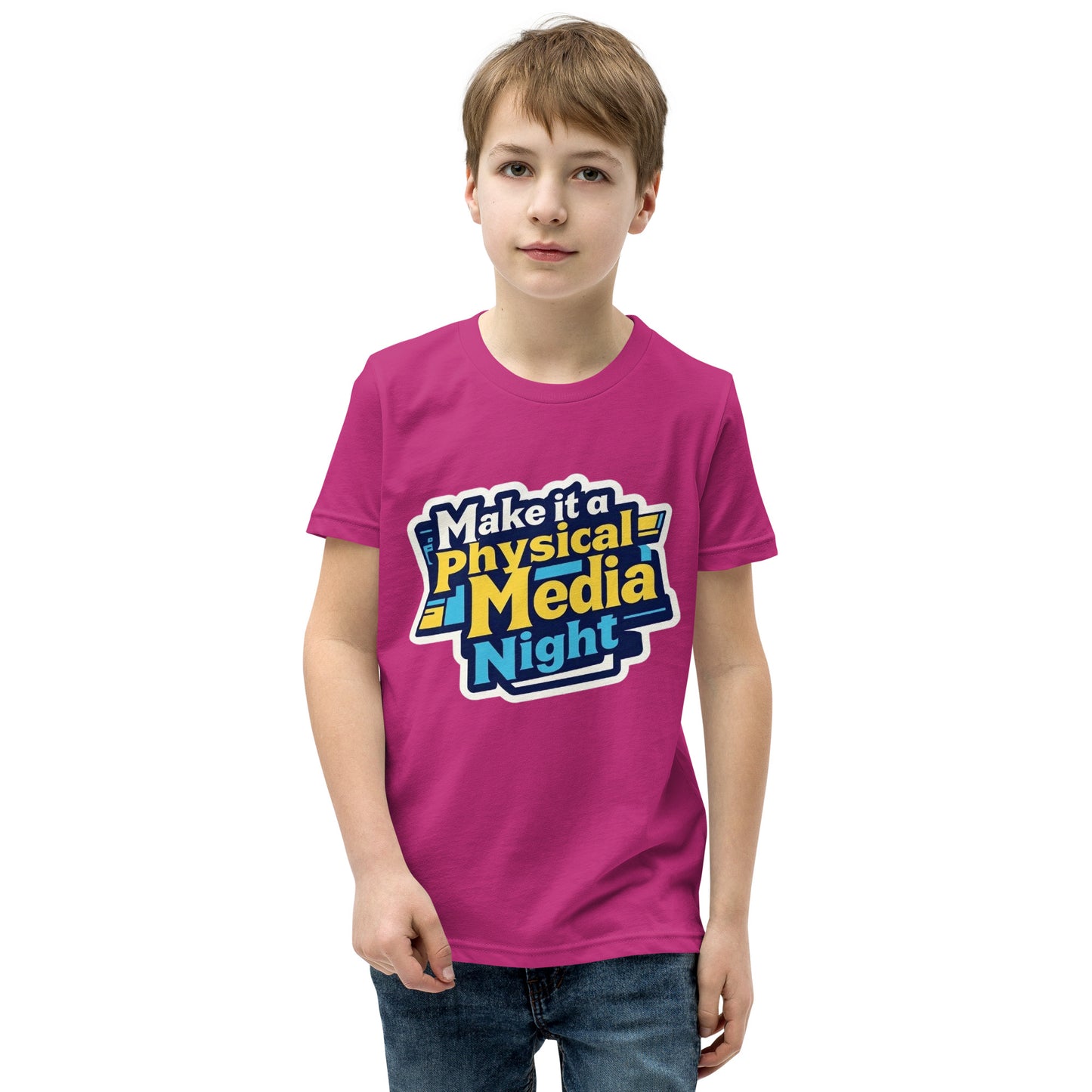 Make it a Physical Media Night Youth Short Sleeve T-Shirt  from Rare Plus Apparel – unique movie & pop culture inspired design.