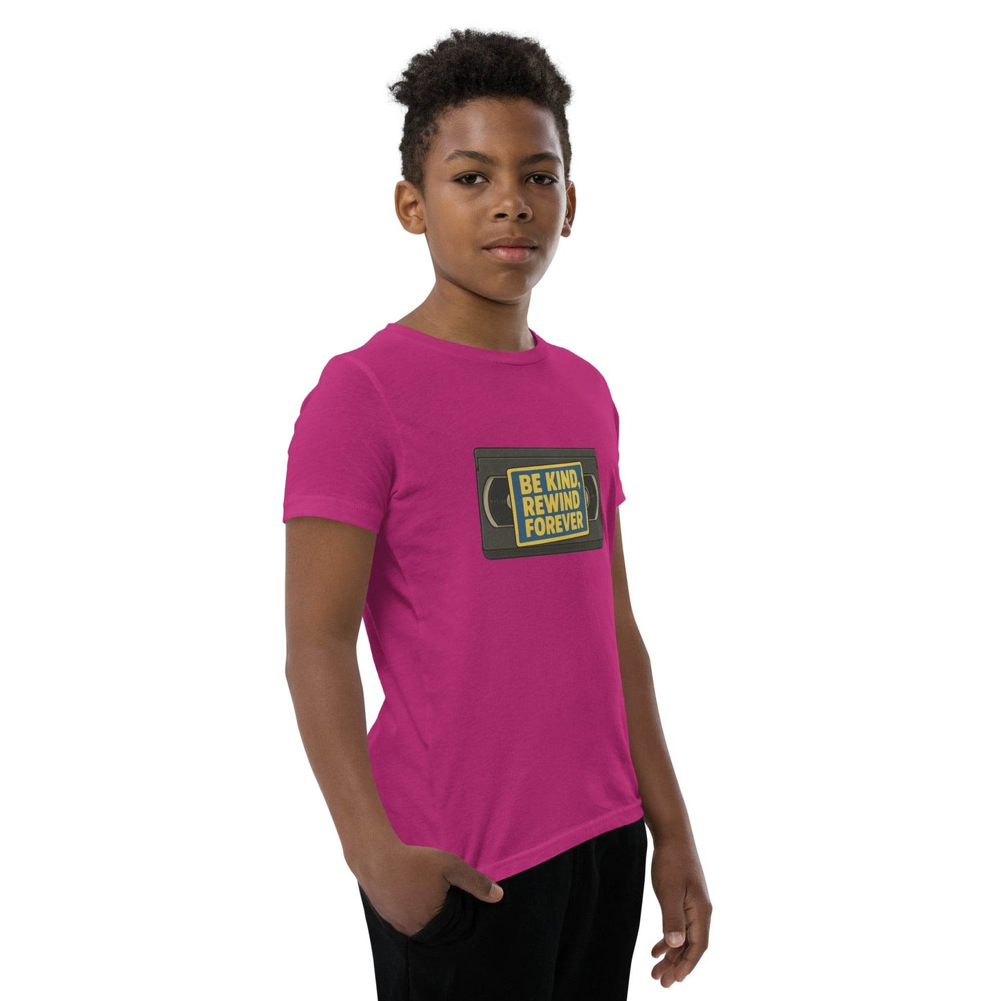 Be Kind, Rewind Forever Youth Short Sleeve T-Shirt  from Rare Plus Apparel – unique movie & pop culture inspired design.
