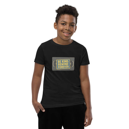 Be Kind, Rewind Forever Youth Short Sleeve T-Shirt  from Rare Plus Apparel – unique movie & pop culture inspired design.