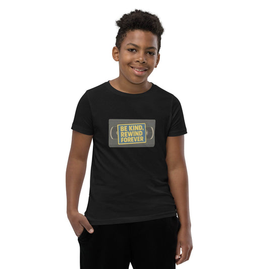 Be Kind, Rewind Forever Youth Short Sleeve T-Shirt  from Rare Plus Apparel – unique movie & pop culture inspired design.