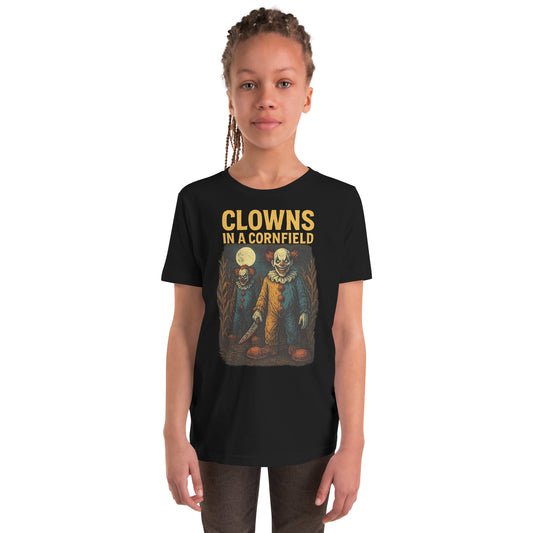 Clowns in a Cornfield Youth Short Sleeve T-Shirt  from Rare Plus Apparel – unique movie & pop culture inspired design.