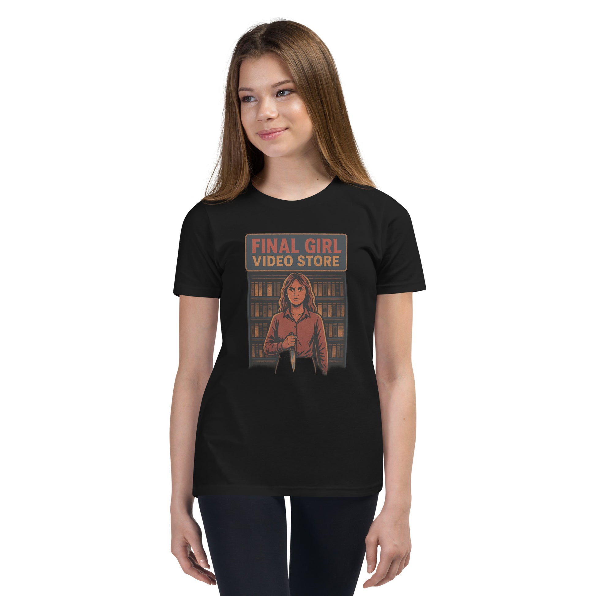 Final Girl Video Store Youth Short Sleeve T-Shirt  from Rare Plus Apparel – unique movie & pop culture inspired design.