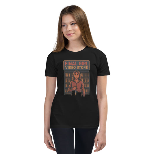 Final Girl Video Store Youth Short Sleeve T-Shirt  from Rare Plus Apparel – unique movie & pop culture inspired design.