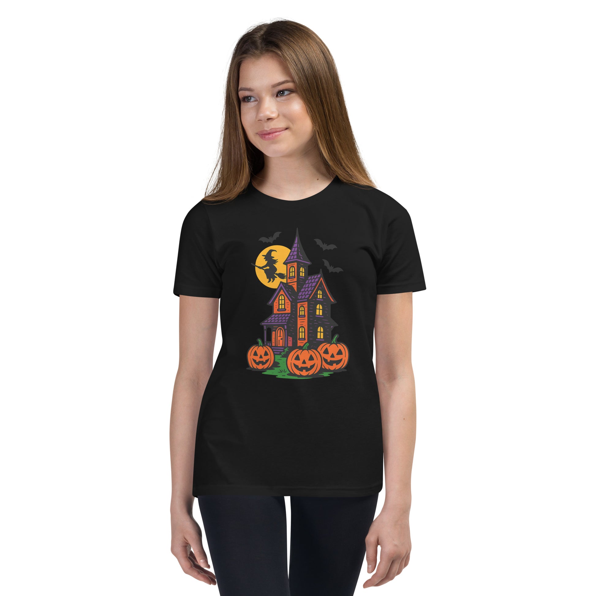 Haunted Halloween House Youth Short Sleeve T-Shirt  from Rare Plus Apparel – unique movie & pop culture inspired design.