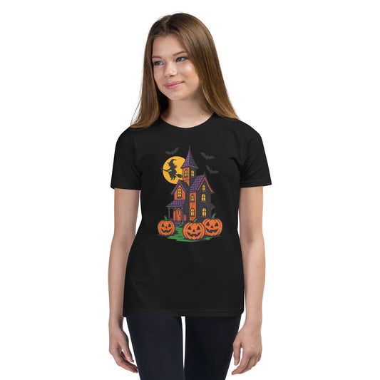 Haunted Halloween House Youth Short Sleeve T-Shirt  from Rare Plus Apparel – unique movie & pop culture inspired design.