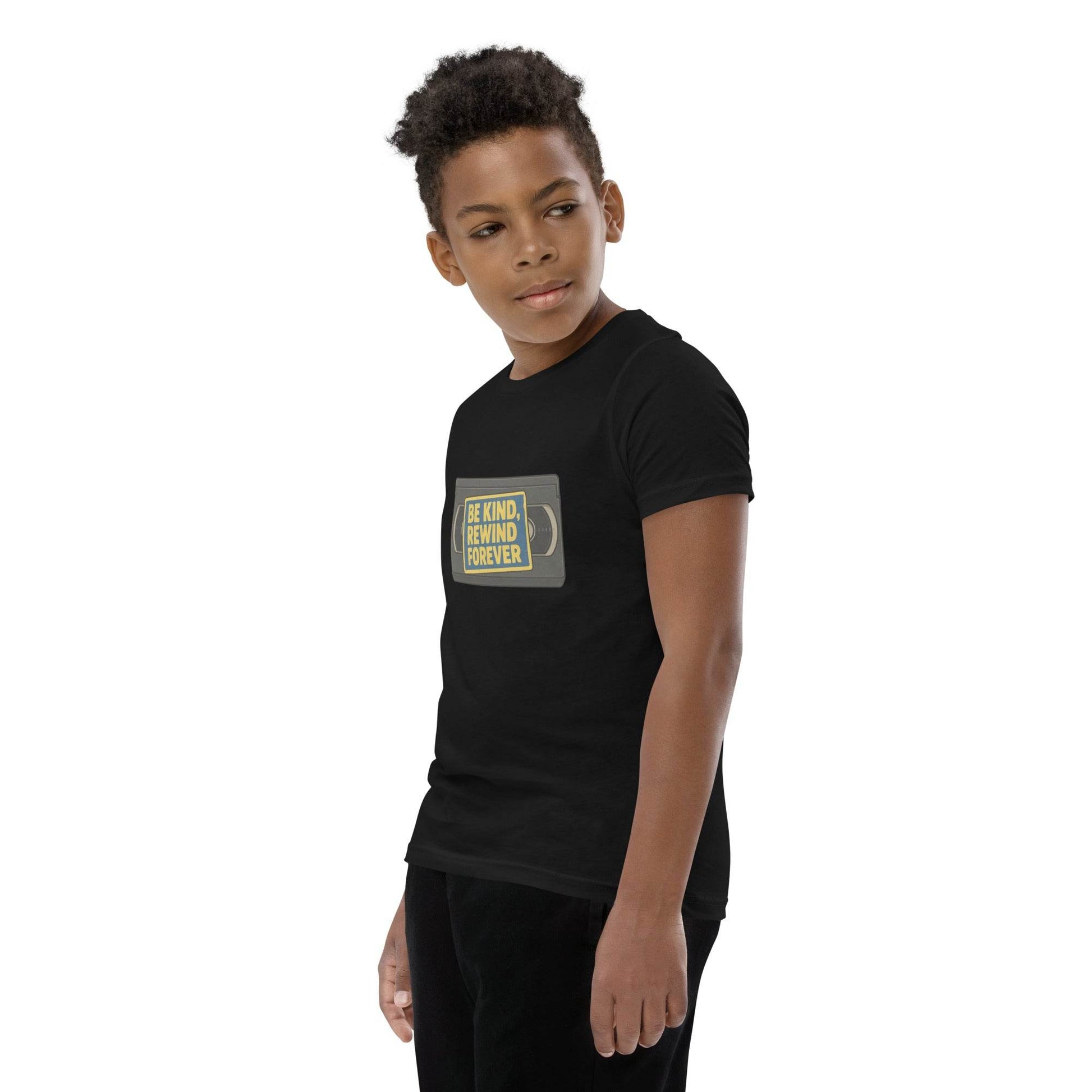 Be Kind, Rewind Forever Youth Short Sleeve T-Shirt  from Rare Plus Apparel – unique movie & pop culture inspired design.