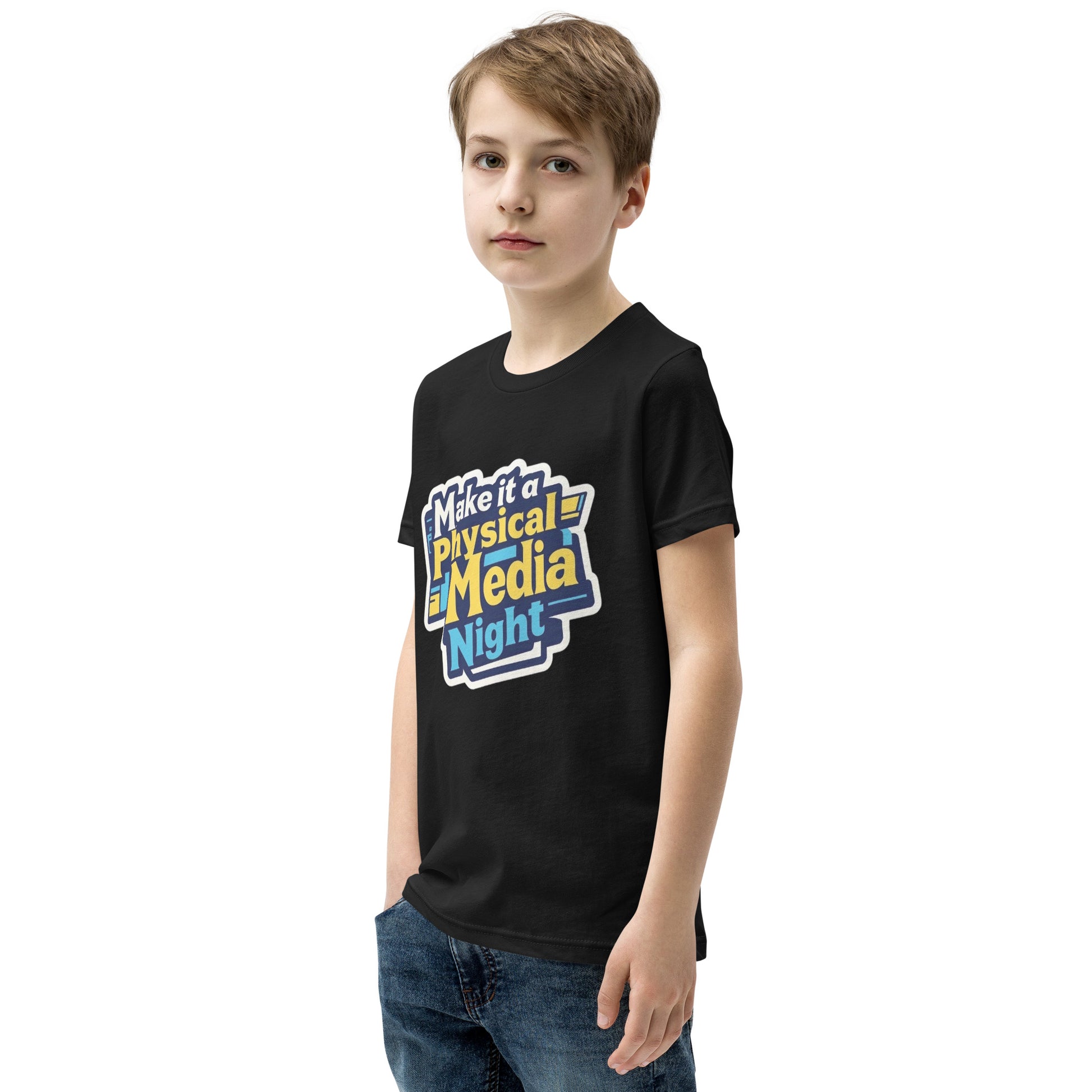 Make it a Physical Media Night Youth Short Sleeve T-Shirt  from Rare Plus Apparel – unique movie & pop culture inspired design.