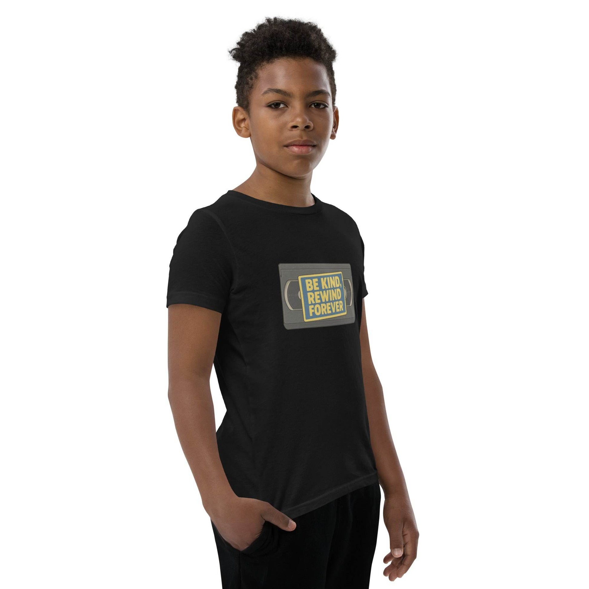 Be Kind, Rewind Forever Youth Short Sleeve T-Shirt  from Rare Plus Apparel – unique movie & pop culture inspired design.