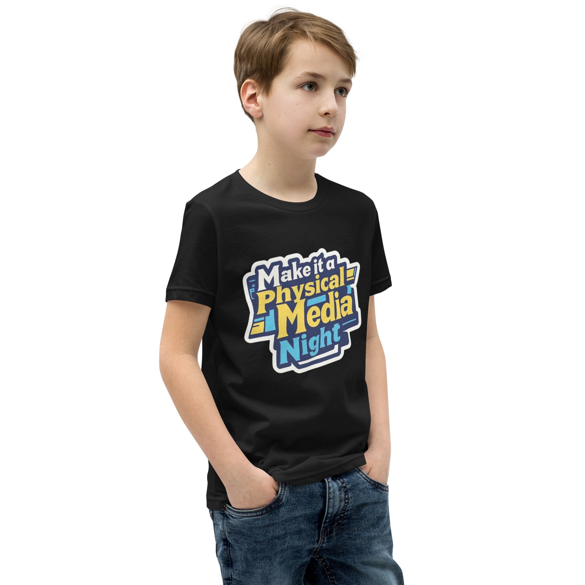 Make it a Physical Media Night Youth Short Sleeve T-Shirt  from Rare Plus Apparel – unique movie & pop culture inspired design.
