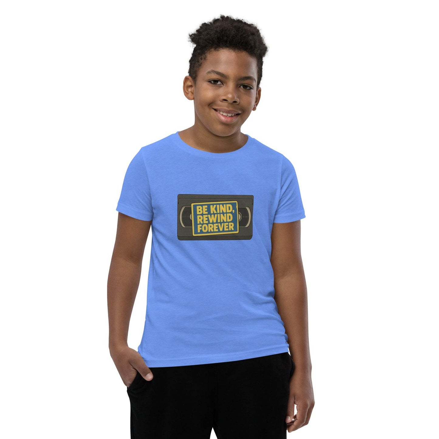 Be Kind, Rewind Forever Youth Short Sleeve T-Shirt  from Rare Plus Apparel – unique movie & pop culture inspired design.