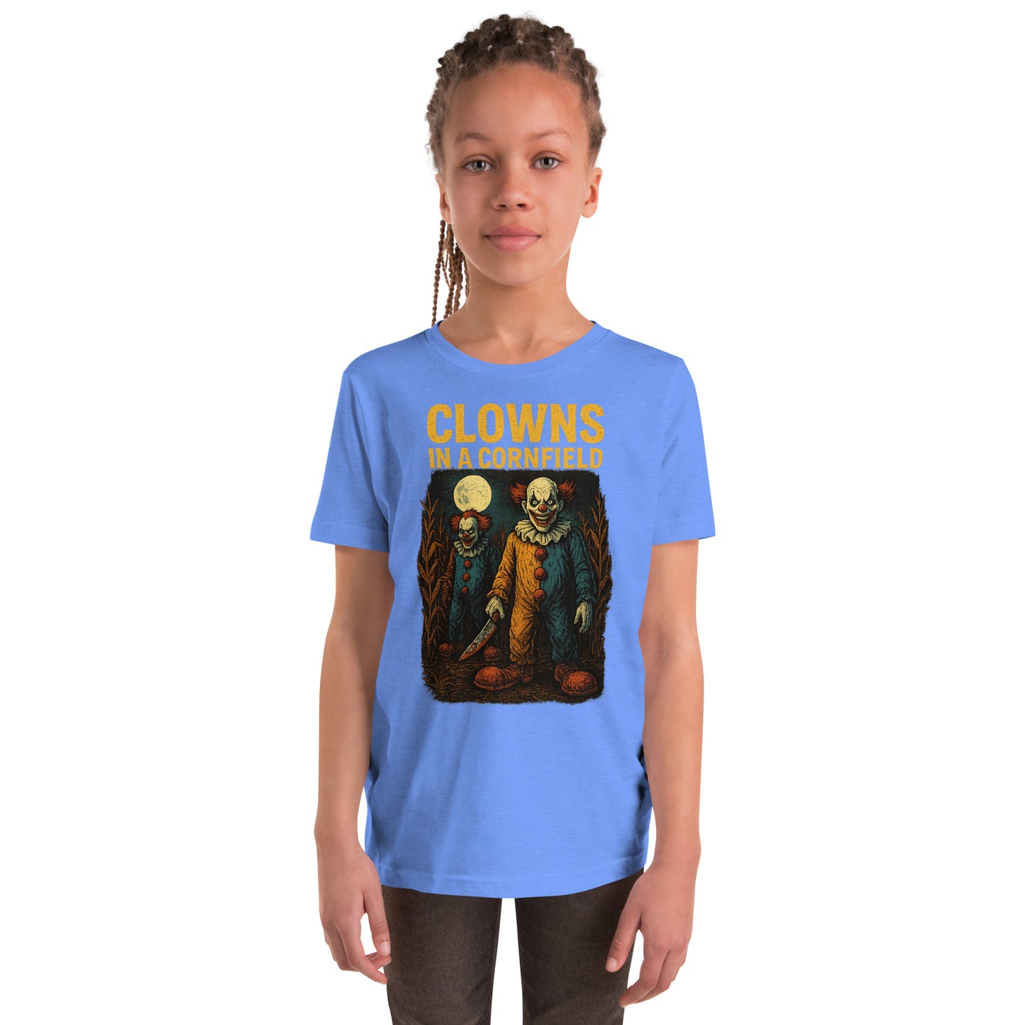 Clowns in a Cornfield Youth Short Sleeve T-Shirt  from Rare Plus Apparel – unique movie & pop culture inspired design.