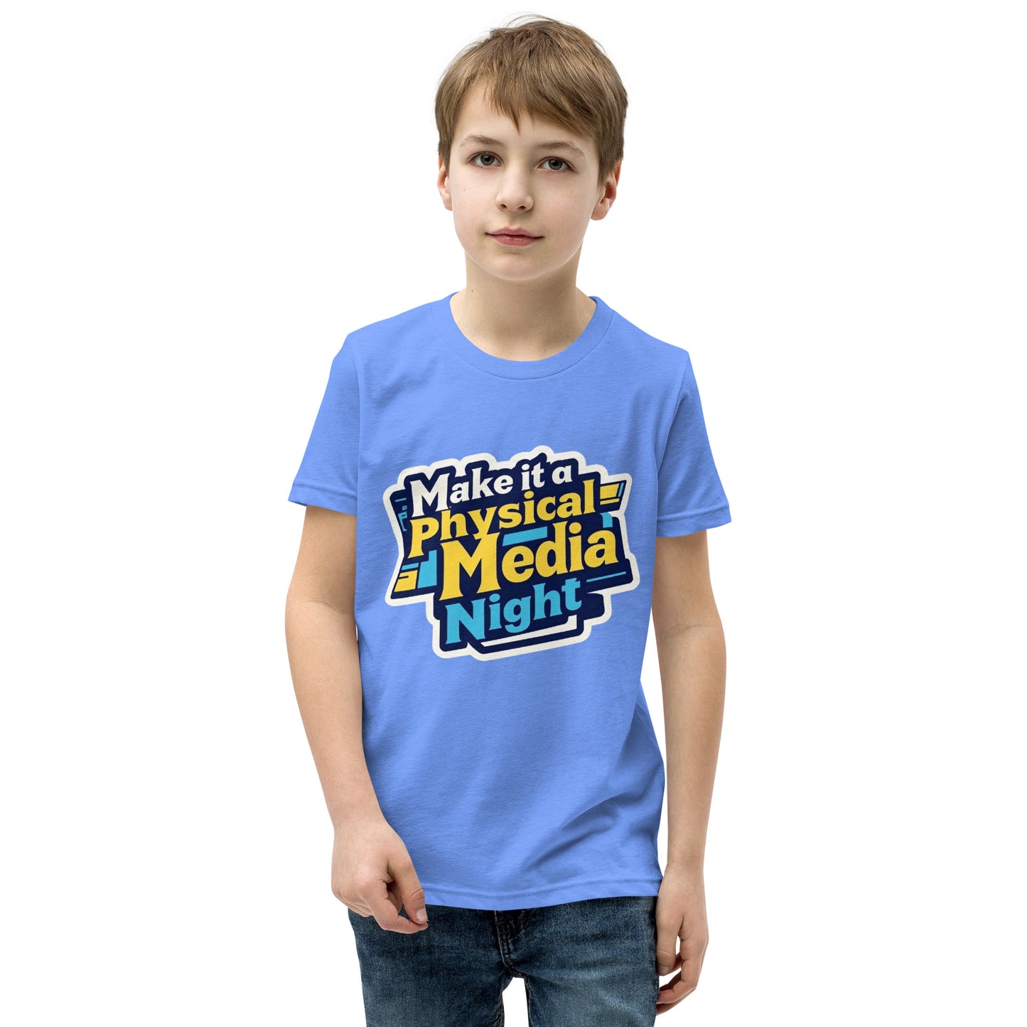 Make it a Physical Media Night Youth Short Sleeve T-Shirt  from Rare Plus Apparel – unique movie & pop culture inspired design.