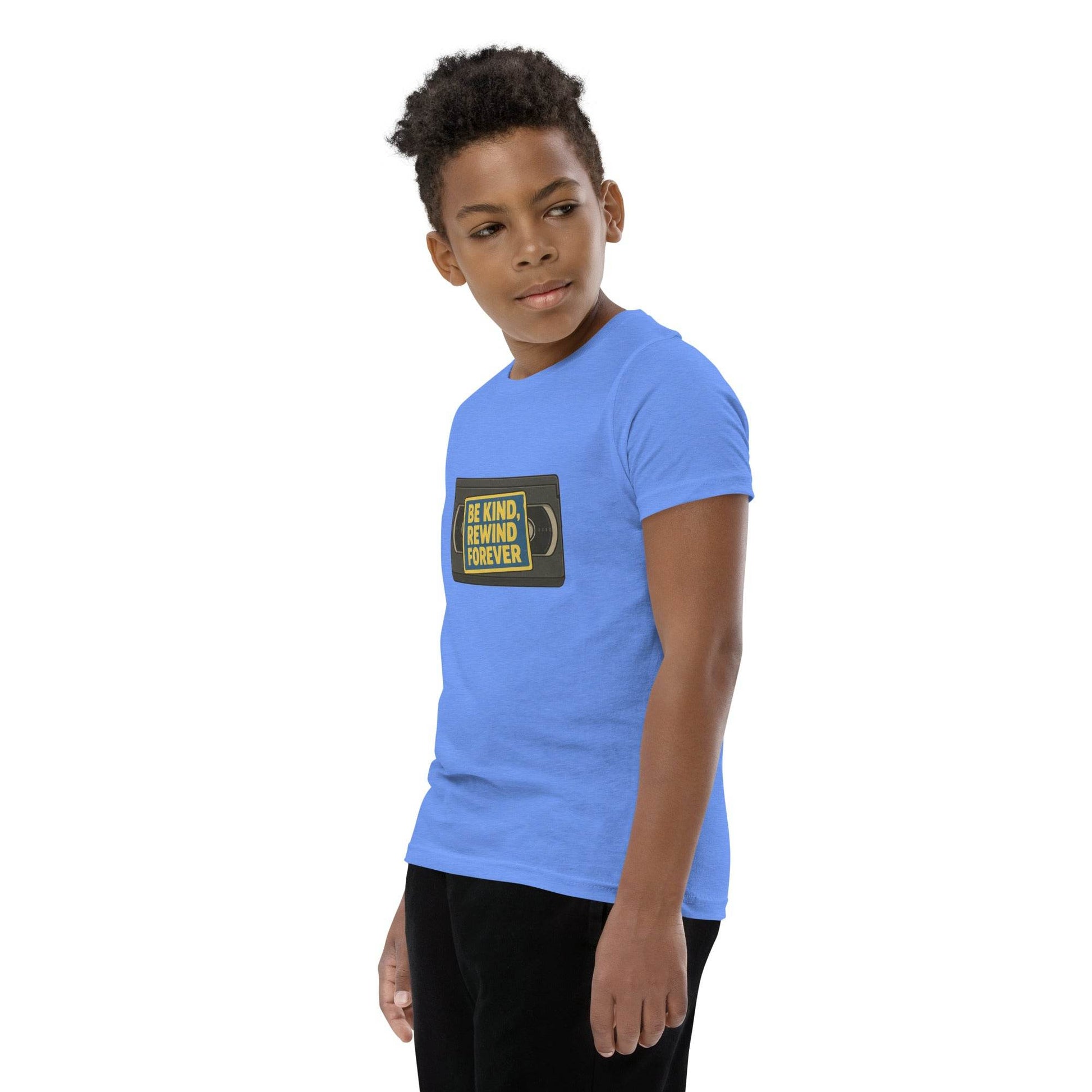 Be Kind, Rewind Forever Youth Short Sleeve T-Shirt  from Rare Plus Apparel – unique movie & pop culture inspired design.