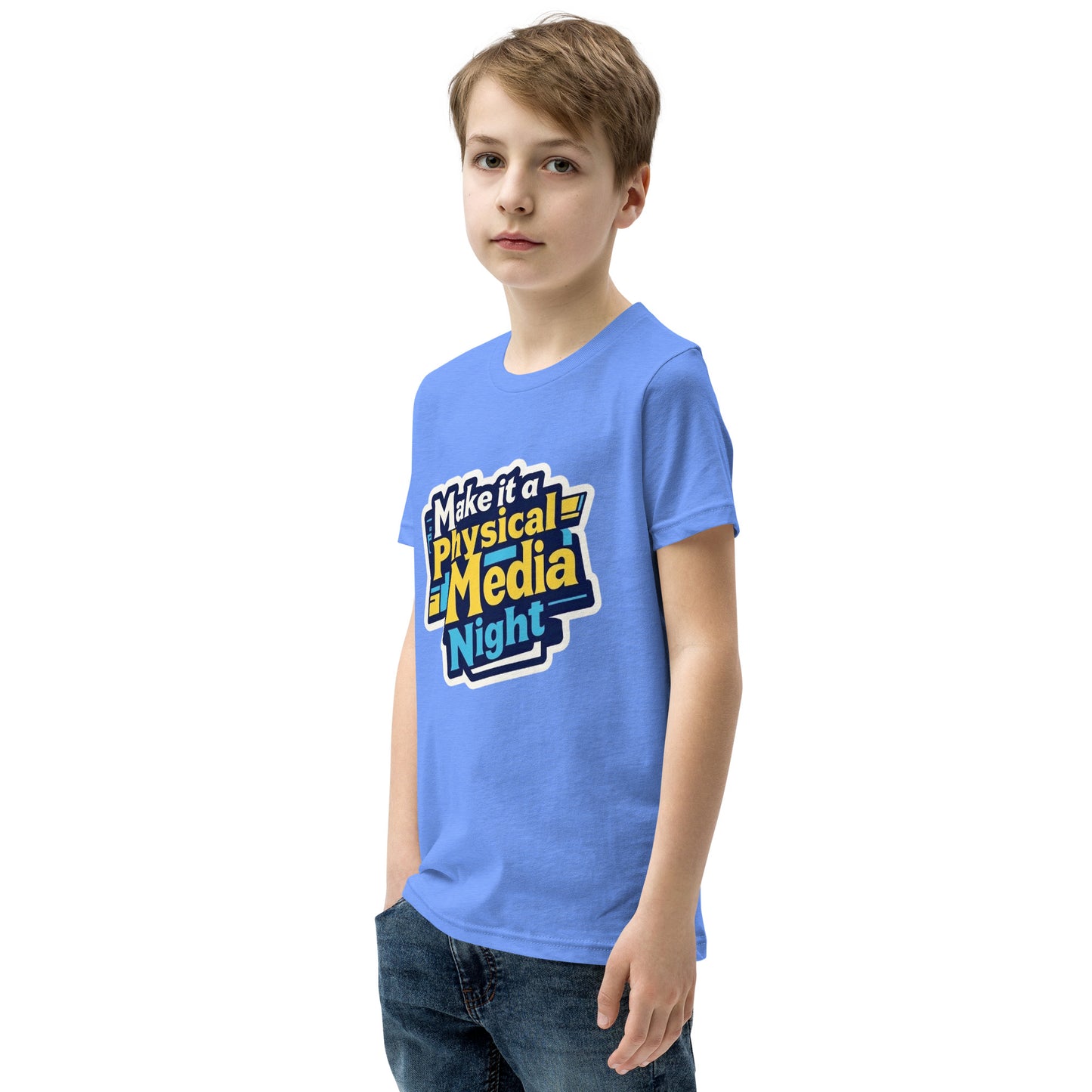 Make it a Physical Media Night Youth Short Sleeve T-Shirt  from Rare Plus Apparel – unique movie & pop culture inspired design.