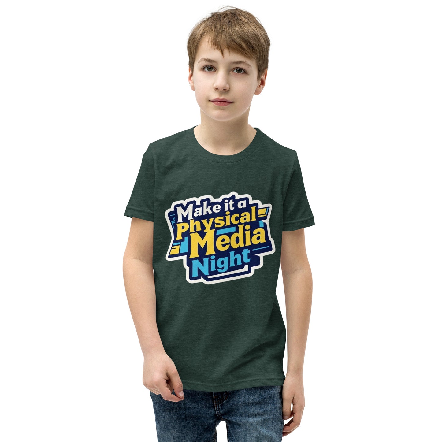Make it a Physical Media Night Youth Short Sleeve T-Shirt  from Rare Plus Apparel – unique movie & pop culture inspired design.