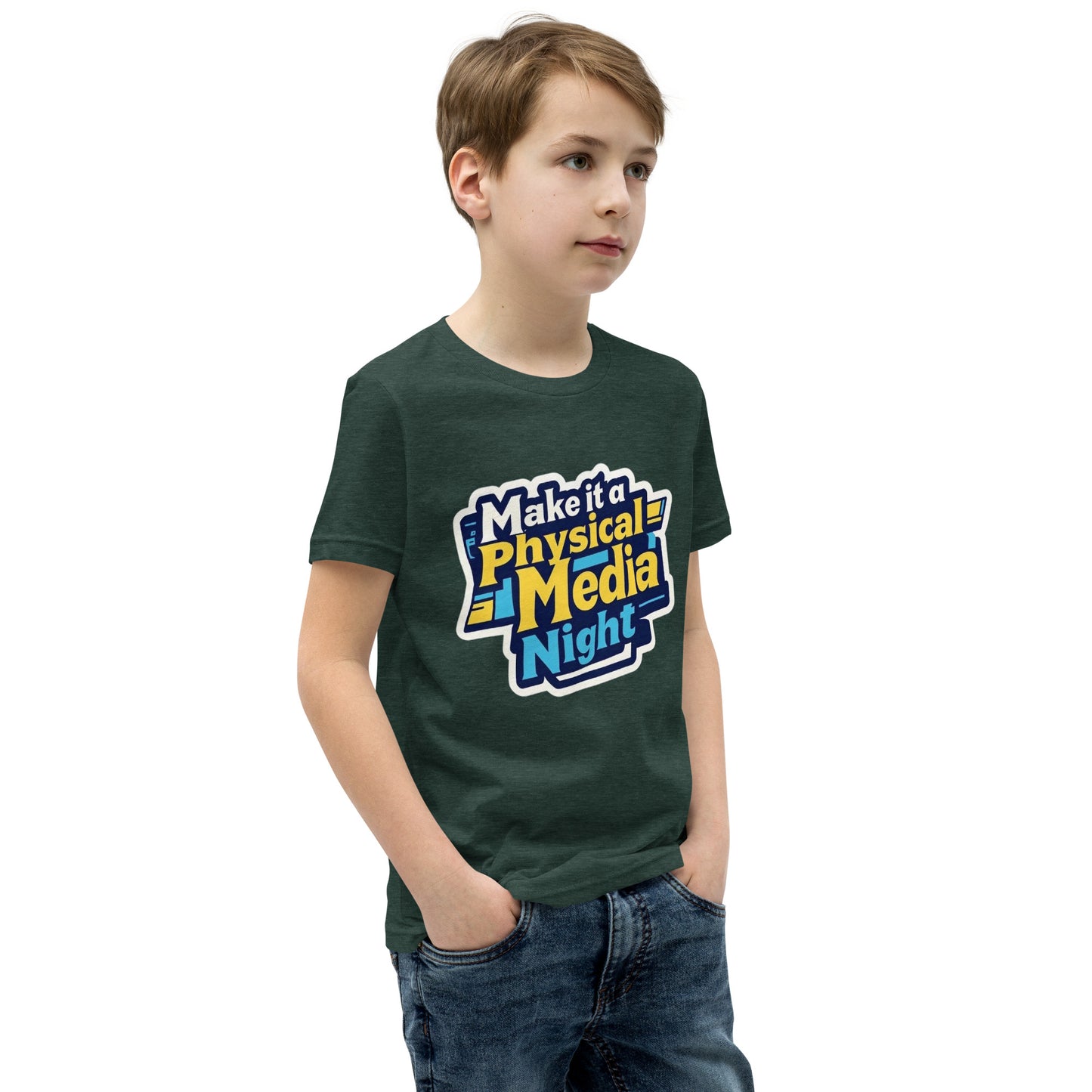 Make it a Physical Media Night Youth Short Sleeve T-Shirt  from Rare Plus Apparel – unique movie & pop culture inspired design.