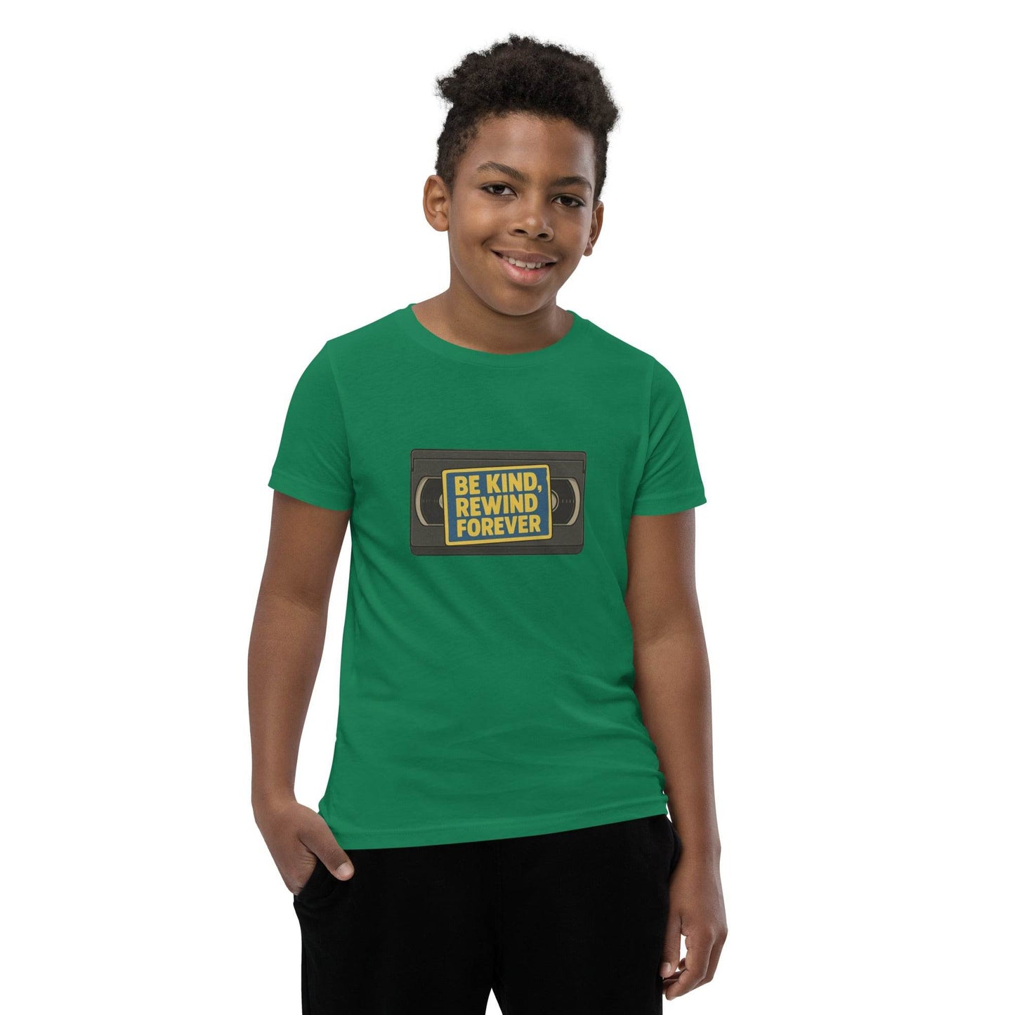 Be Kind, Rewind Forever Youth Short Sleeve T-Shirt  from Rare Plus Apparel – unique movie & pop culture inspired design.