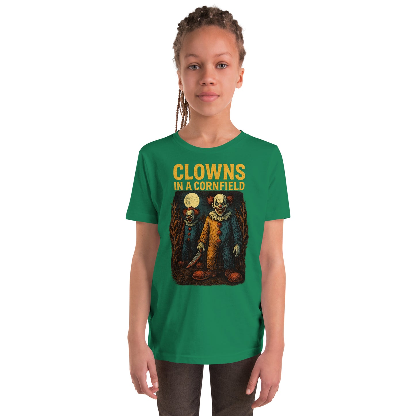 Clowns in a Cornfield Youth Short Sleeve T-Shirt  from Rare Plus Apparel – unique movie & pop culture inspired design.
