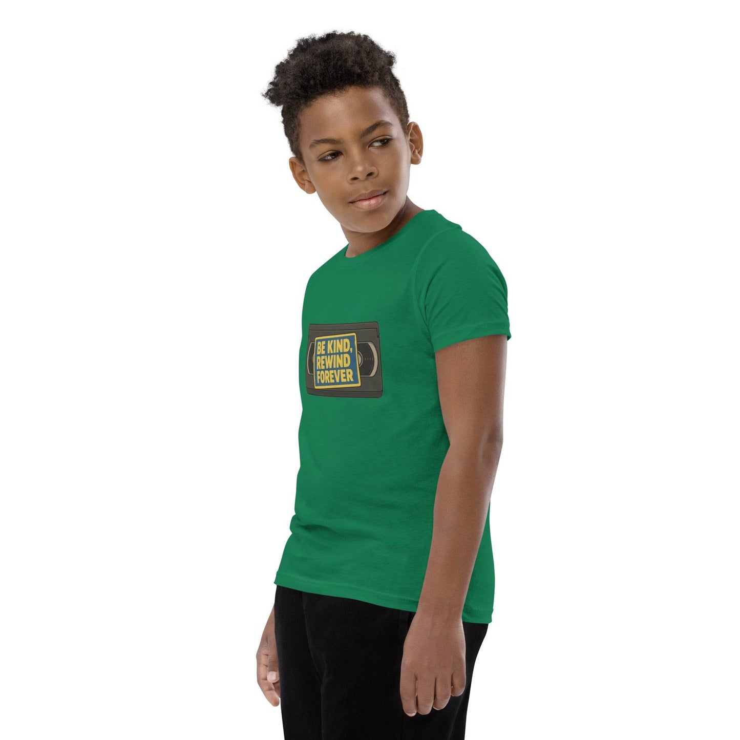 Be Kind, Rewind Forever Youth Short Sleeve T-Shirt  from Rare Plus Apparel – unique movie & pop culture inspired design.