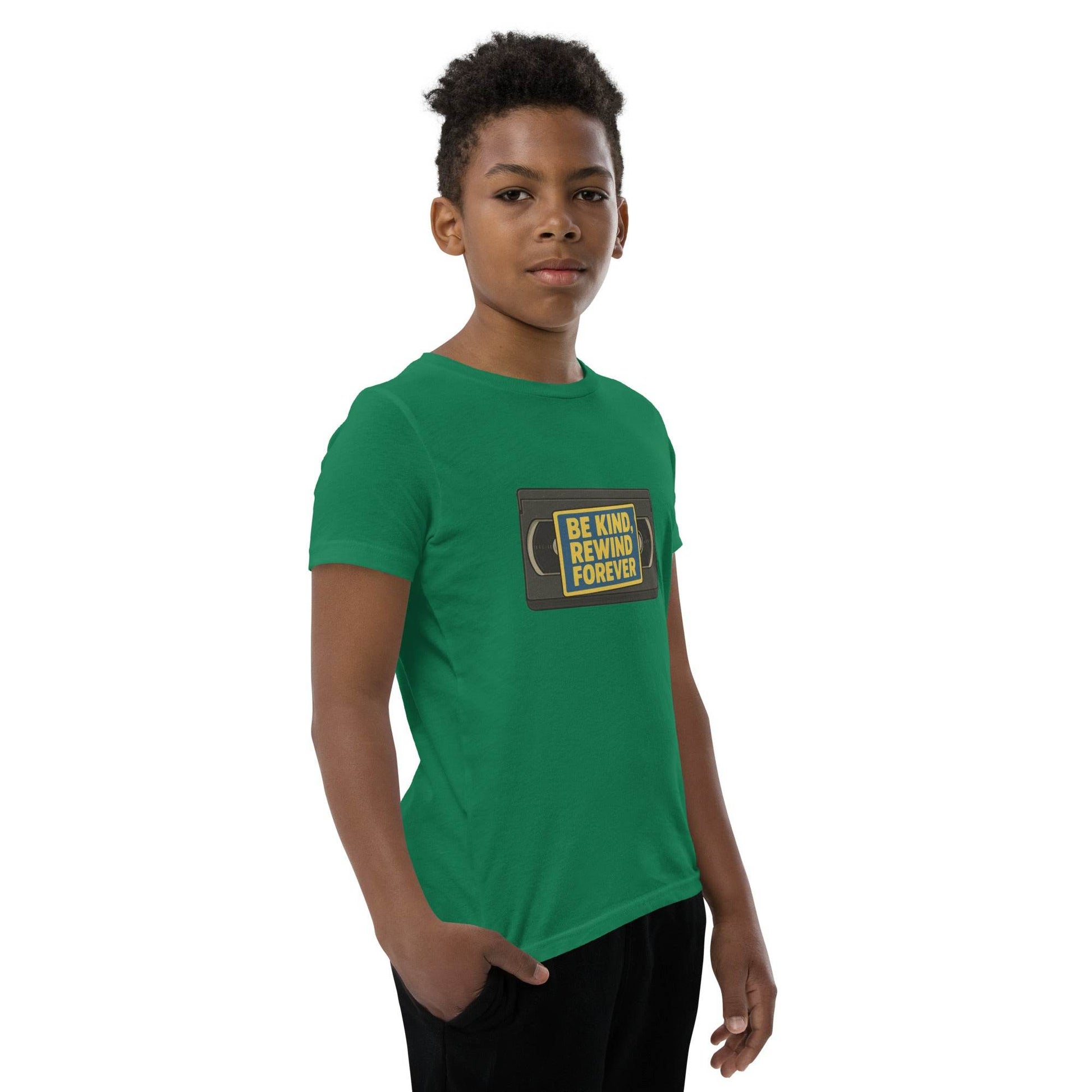 Be Kind, Rewind Forever Youth Short Sleeve T-Shirt  from Rare Plus Apparel – unique movie & pop culture inspired design.