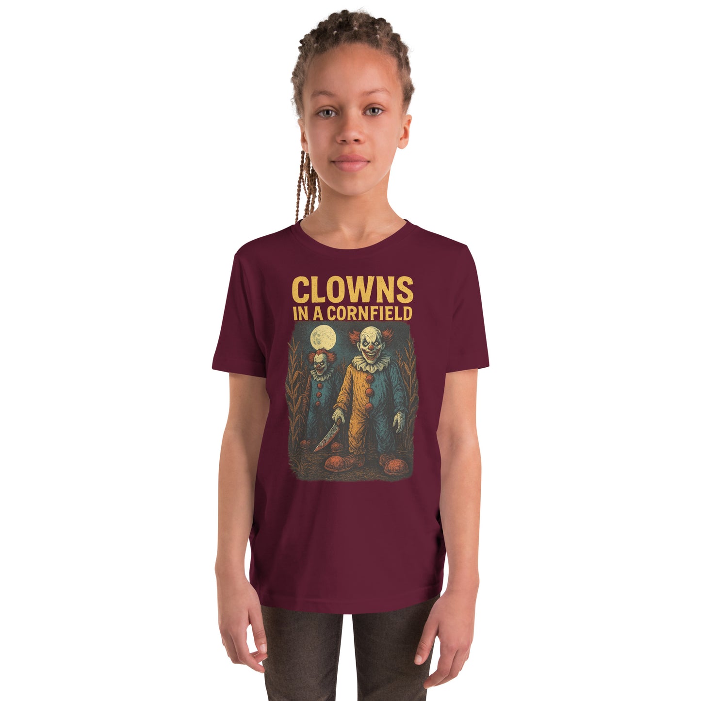Clowns in a Cornfield Youth Short Sleeve T-Shirt  from Rare Plus Apparel – unique movie & pop culture inspired design.