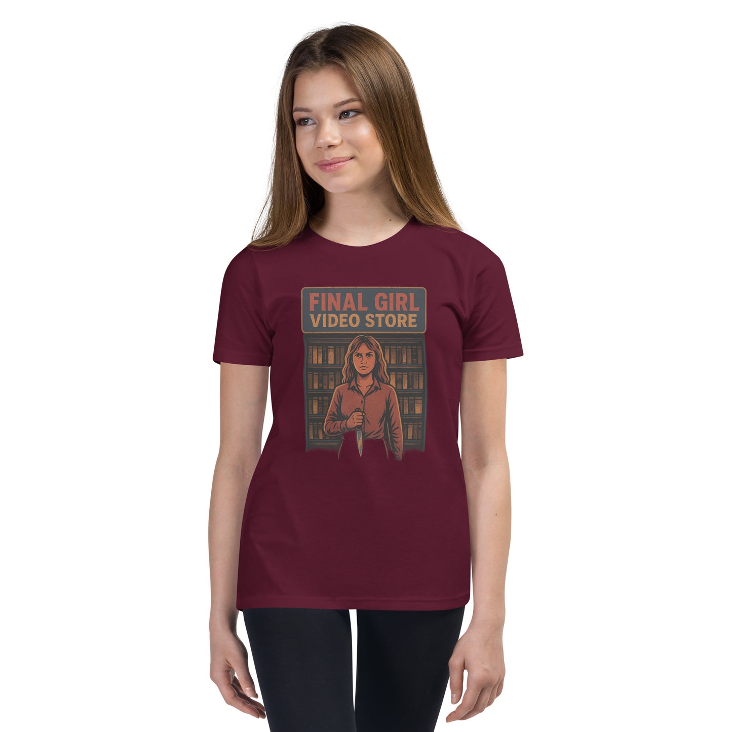 Final Girl Video Store Youth Short Sleeve T-Shirt  from Rare Plus Apparel – unique movie & pop culture inspired design.