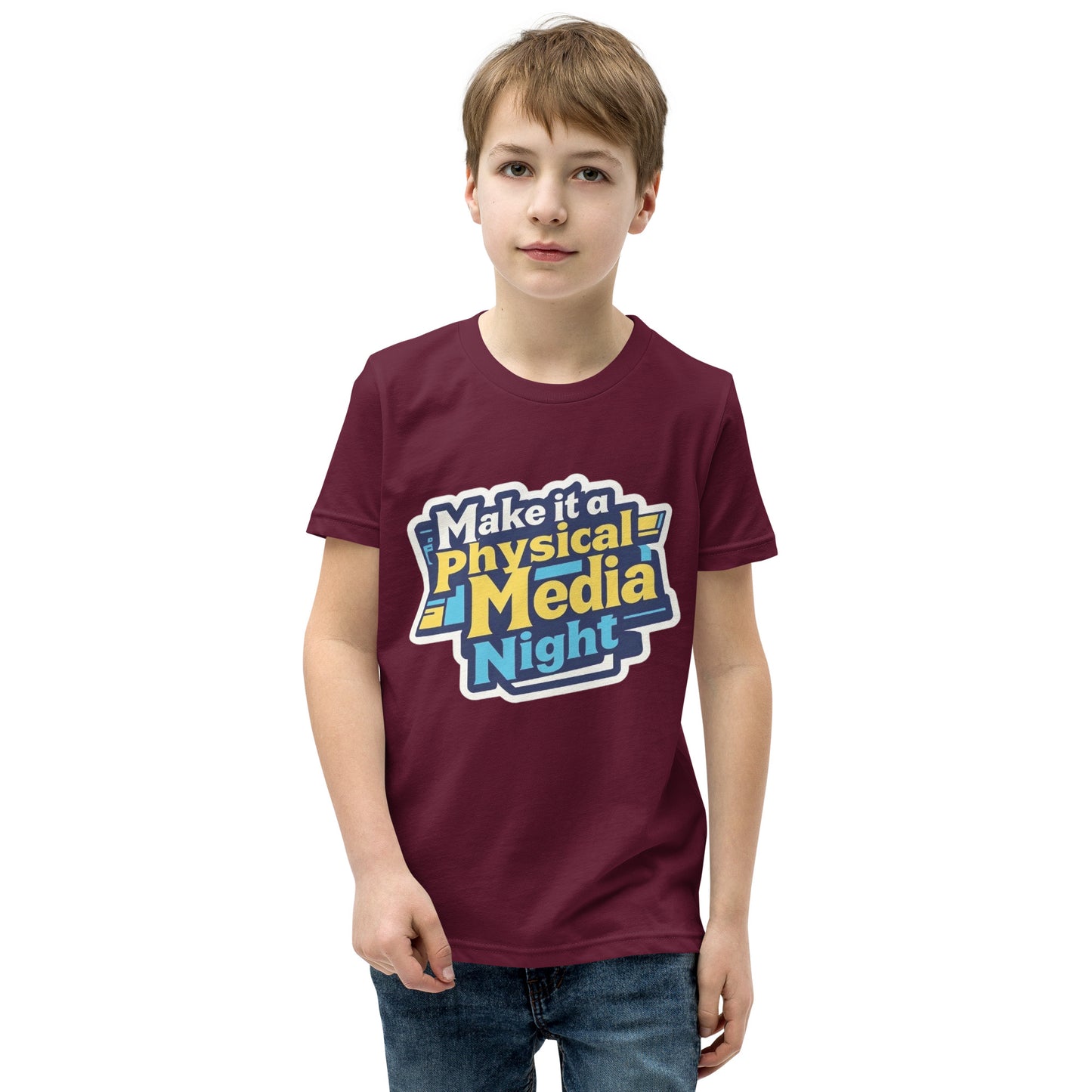 Make it a Physical Media Night Youth Short Sleeve T-Shirt  from Rare Plus Apparel – unique movie & pop culture inspired design.