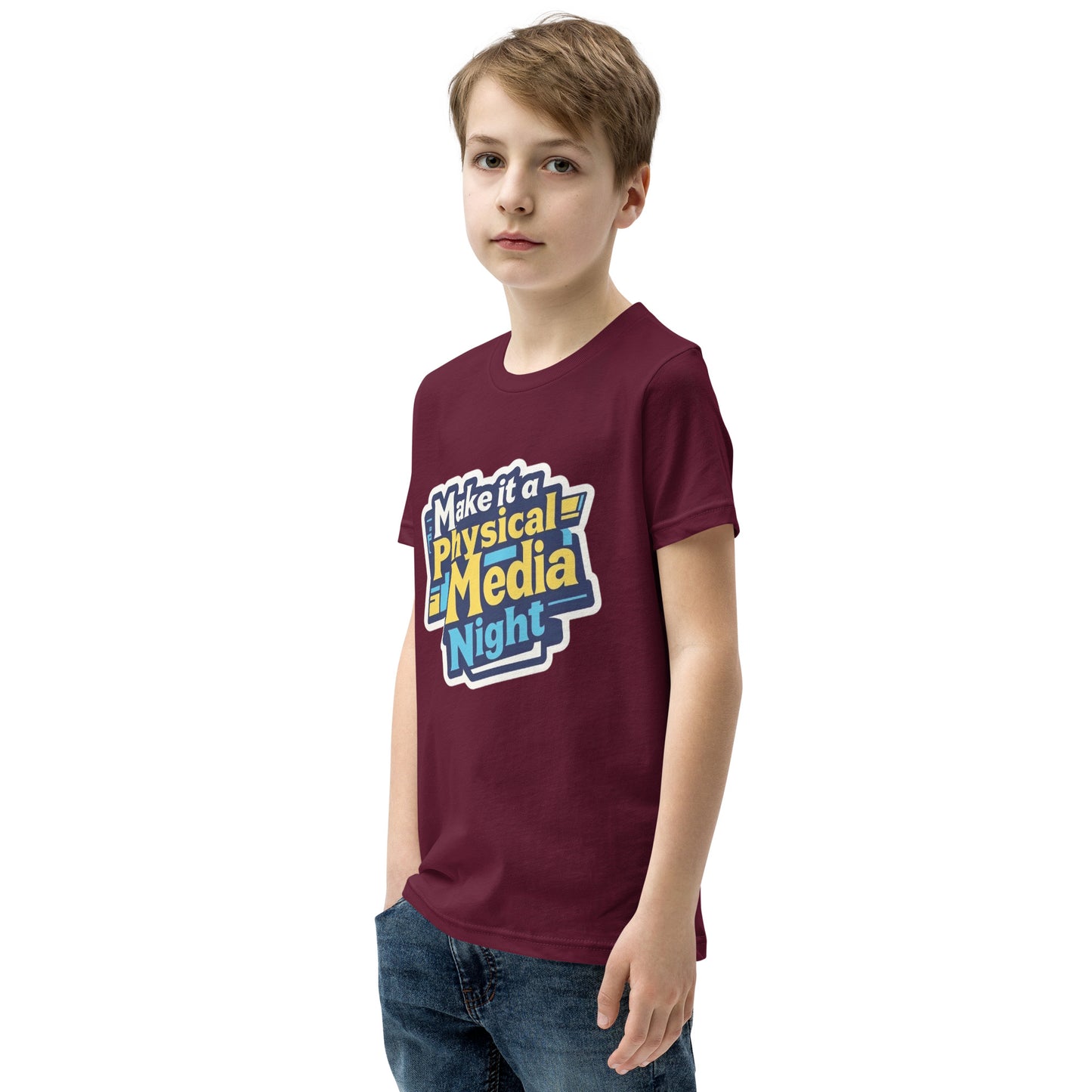 Make it a Physical Media Night Youth Short Sleeve T-Shirt  from Rare Plus Apparel – unique movie & pop culture inspired design.