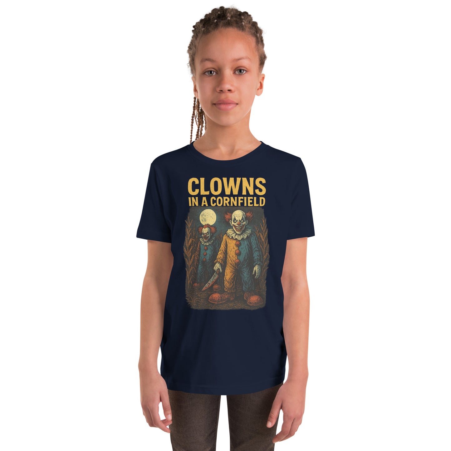 Clowns in a Cornfield Youth Short Sleeve T-Shirt  from Rare Plus Apparel – unique movie & pop culture inspired design.