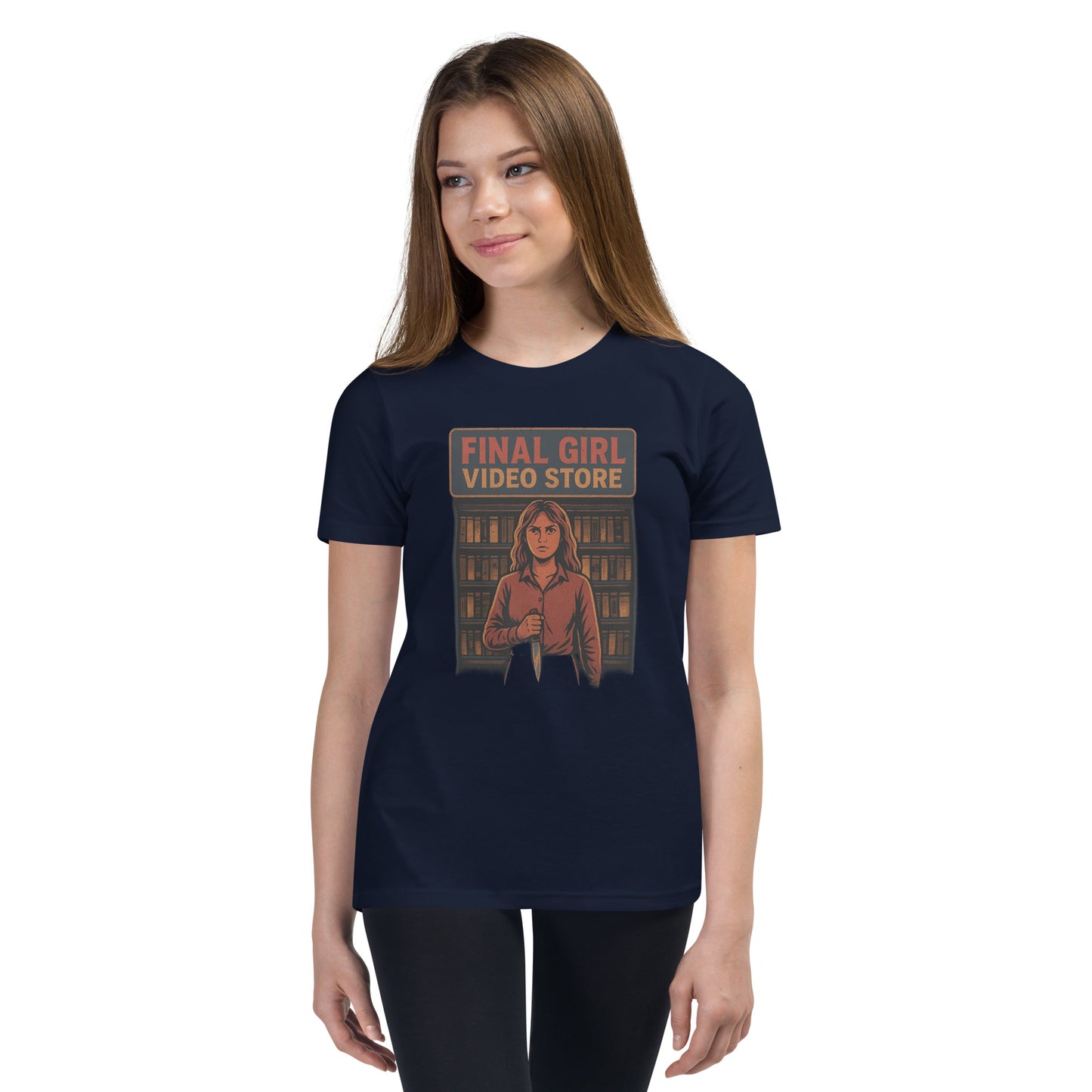 Final Girl Video Store Youth Short Sleeve T-Shirt  from Rare Plus Apparel – unique movie & pop culture inspired design.