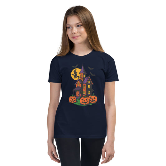 Haunted Halloween House Youth Short Sleeve T-Shirt  from Rare Plus Apparel – unique movie & pop culture inspired design.