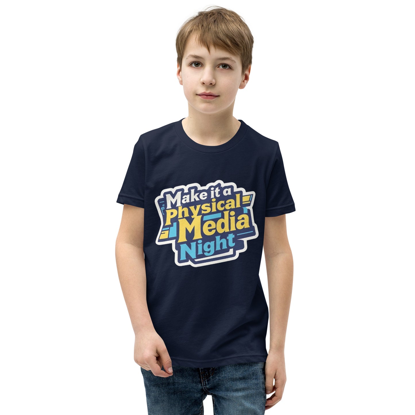 Make it a Physical Media Night Youth Short Sleeve T-Shirt  from Rare Plus Apparel – unique movie & pop culture inspired design.