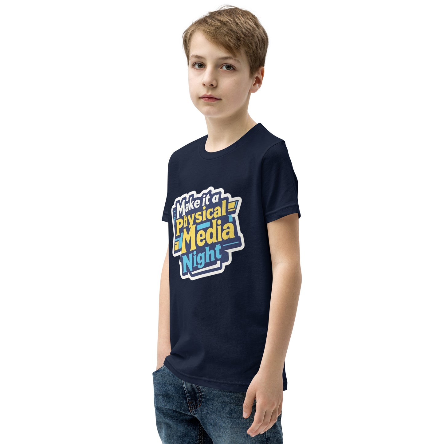 Make it a Physical Media Night Youth Short Sleeve T-Shirt  from Rare Plus Apparel – unique movie & pop culture inspired design.