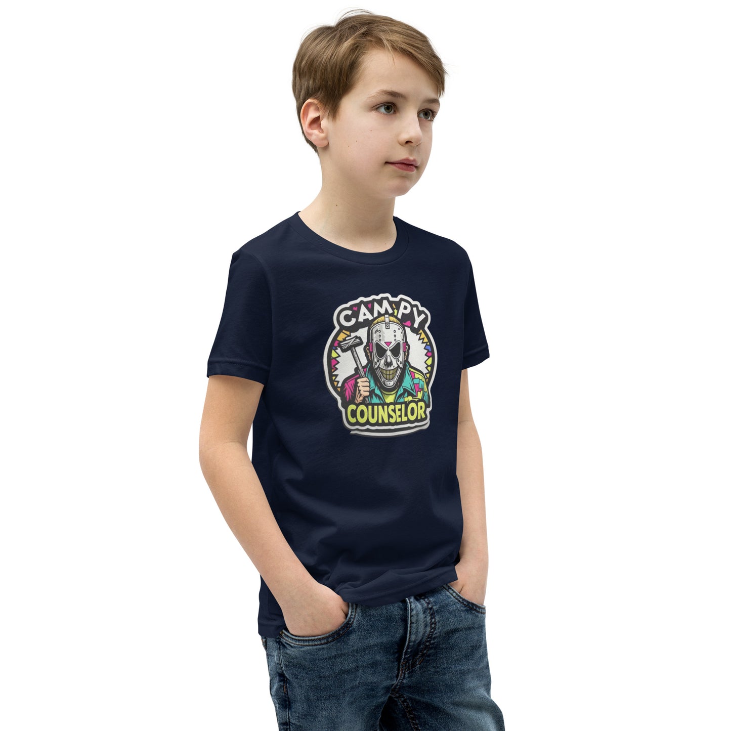 Campy Counselor Youth Short Sleeve T-Shirt  from Rare Plus Apparel – unique movie & pop culture inspired design.