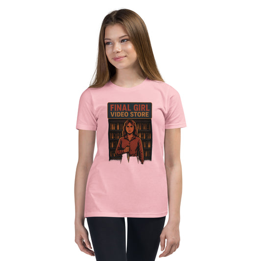 Final Girl Video Store Youth Short Sleeve T-Shirt  from Rare Plus Apparel – unique movie & pop culture inspired design.