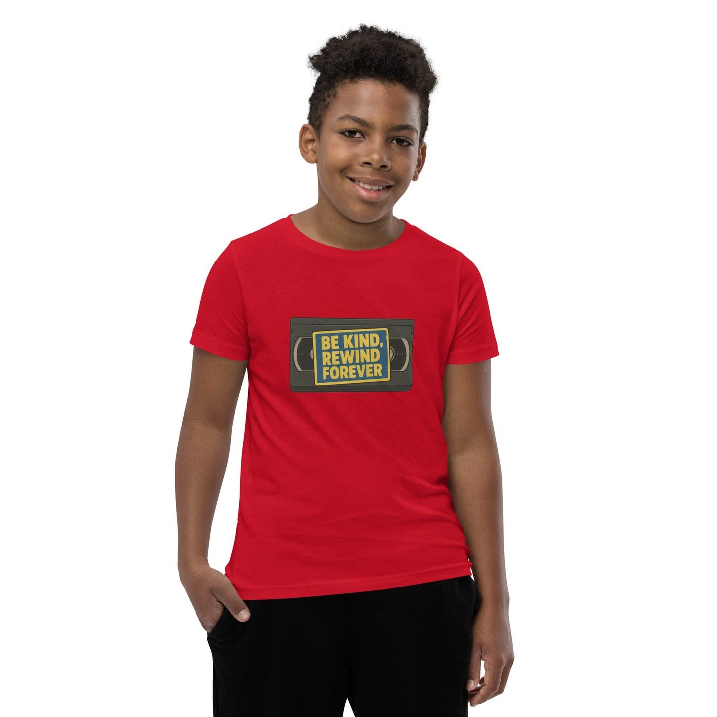 Be Kind, Rewind Forever Youth Short Sleeve T-Shirt  from Rare Plus Apparel – unique movie & pop culture inspired design.