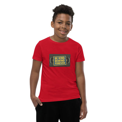 Be Kind, Rewind Forever Youth Short Sleeve T-Shirt  from Rare Plus Apparel – unique movie & pop culture inspired design.