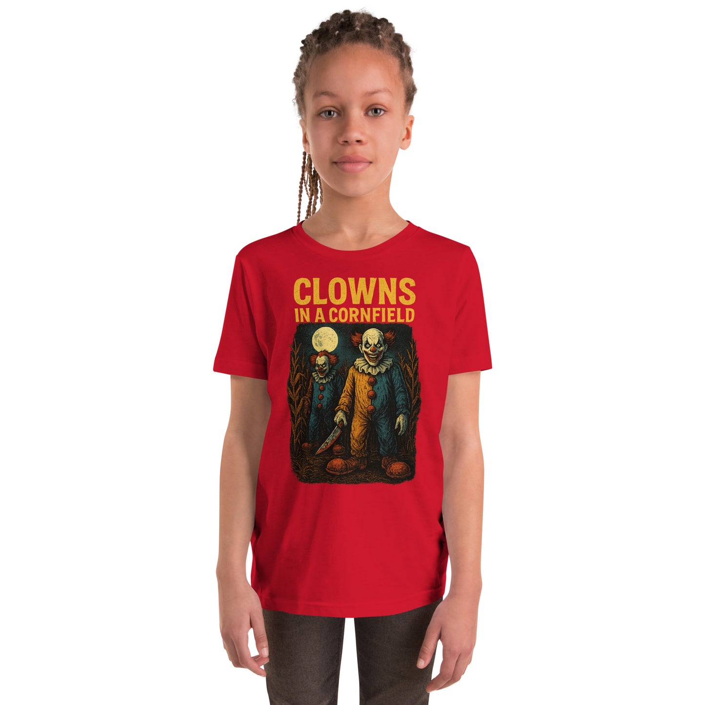 Clowns in a Cornfield Youth Short Sleeve T-Shirt  from Rare Plus Apparel – unique movie & pop culture inspired design.