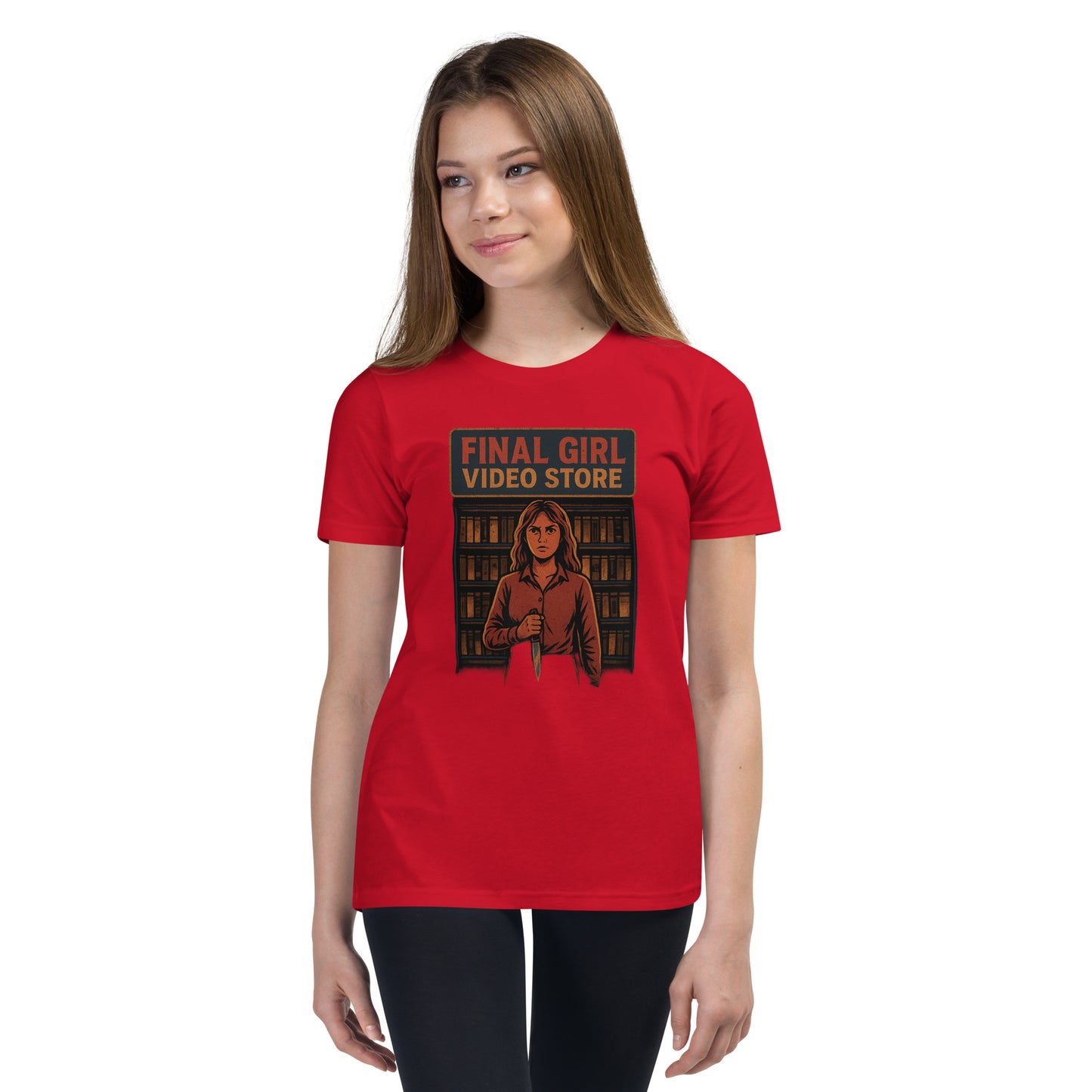Final Girl Video Store Youth Short Sleeve T-Shirt  from Rare Plus Apparel – unique movie & pop culture inspired design.