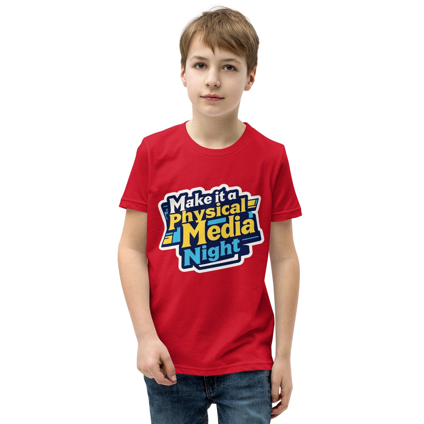 Make it a Physical Media Night Youth Short Sleeve T-Shirt  from Rare Plus Apparel – unique movie & pop culture inspired design.