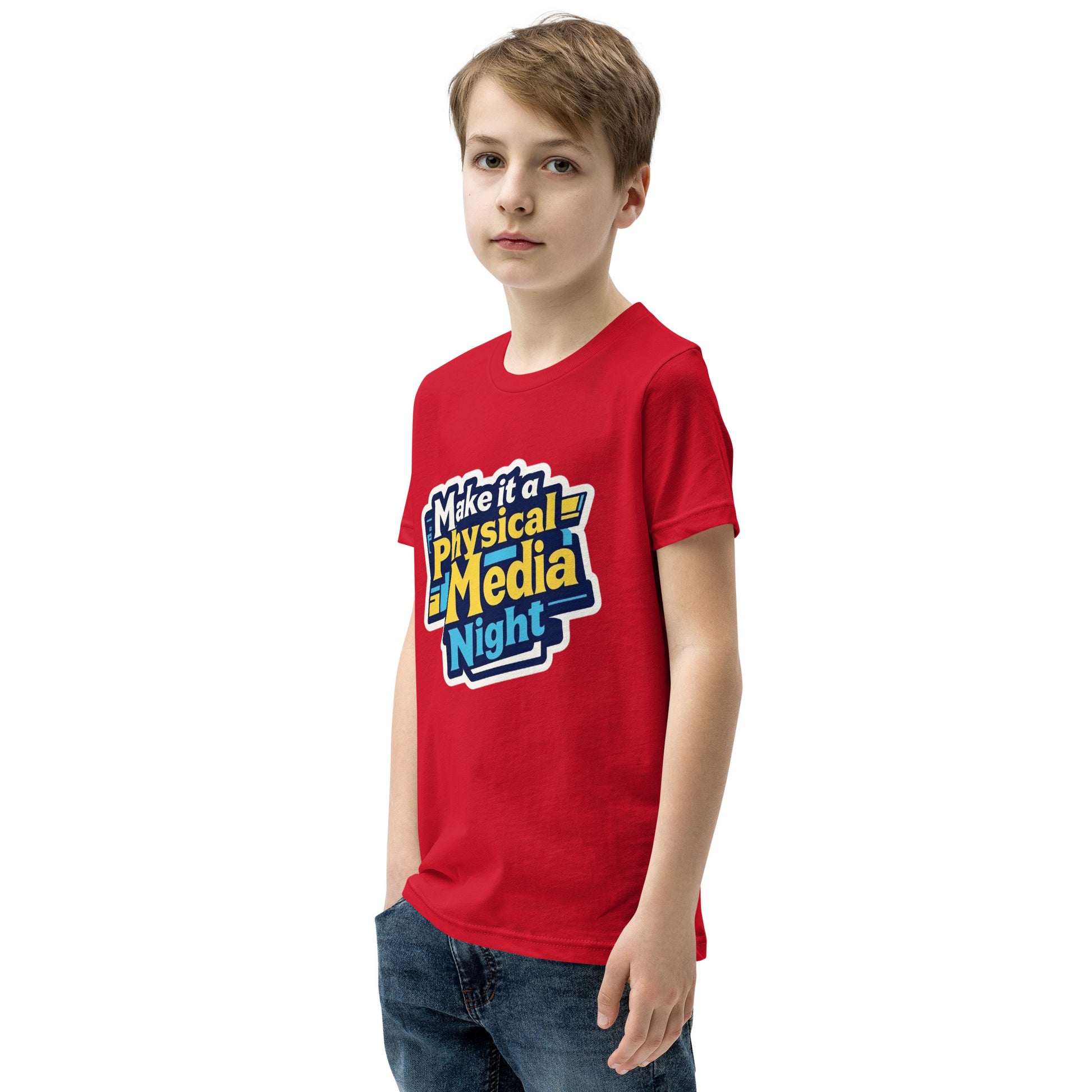 Make it a Physical Media Night Youth Short Sleeve T-Shirt  from Rare Plus Apparel – unique movie & pop culture inspired design.
