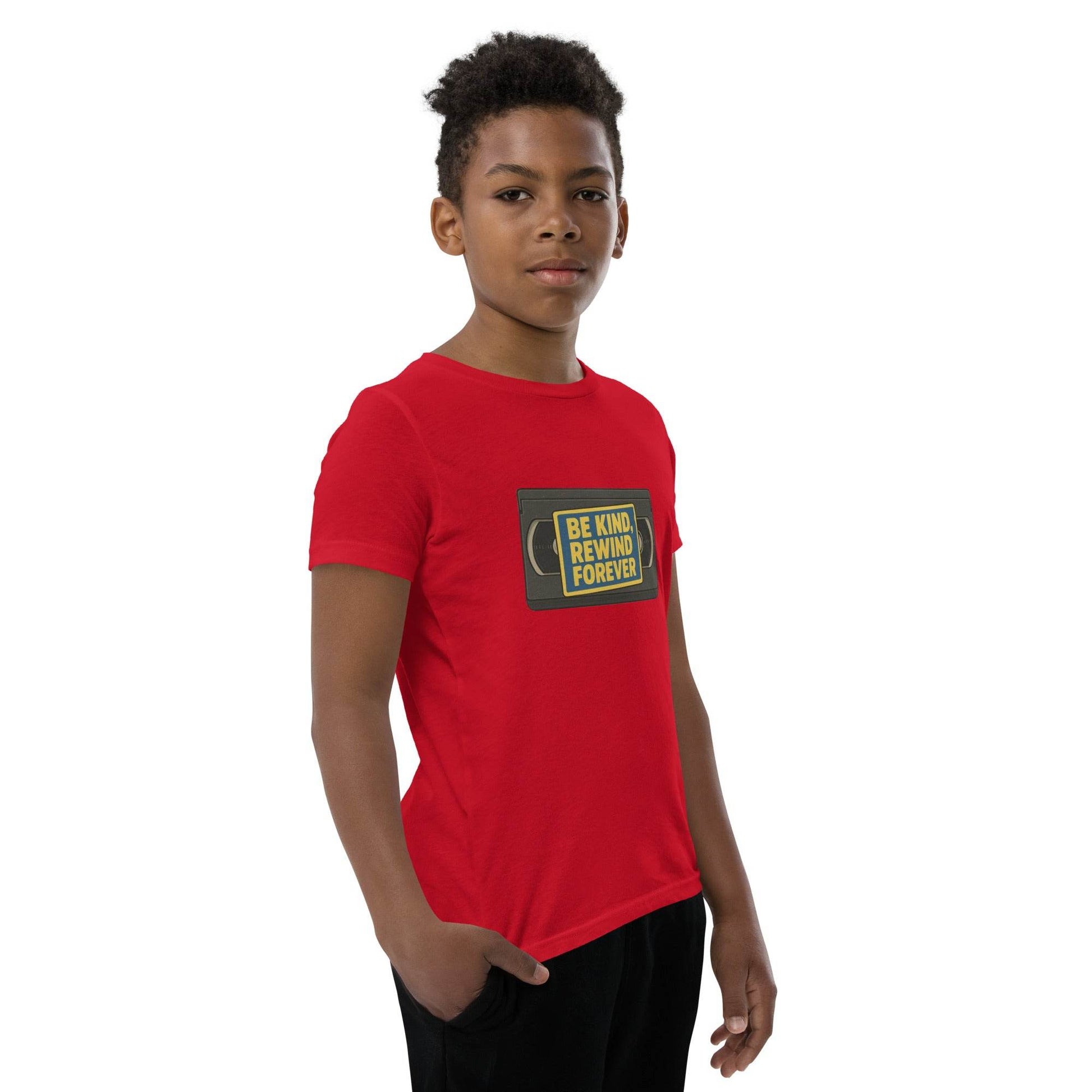 Be Kind, Rewind Forever Youth Short Sleeve T-Shirt  from Rare Plus Apparel – unique movie & pop culture inspired design.