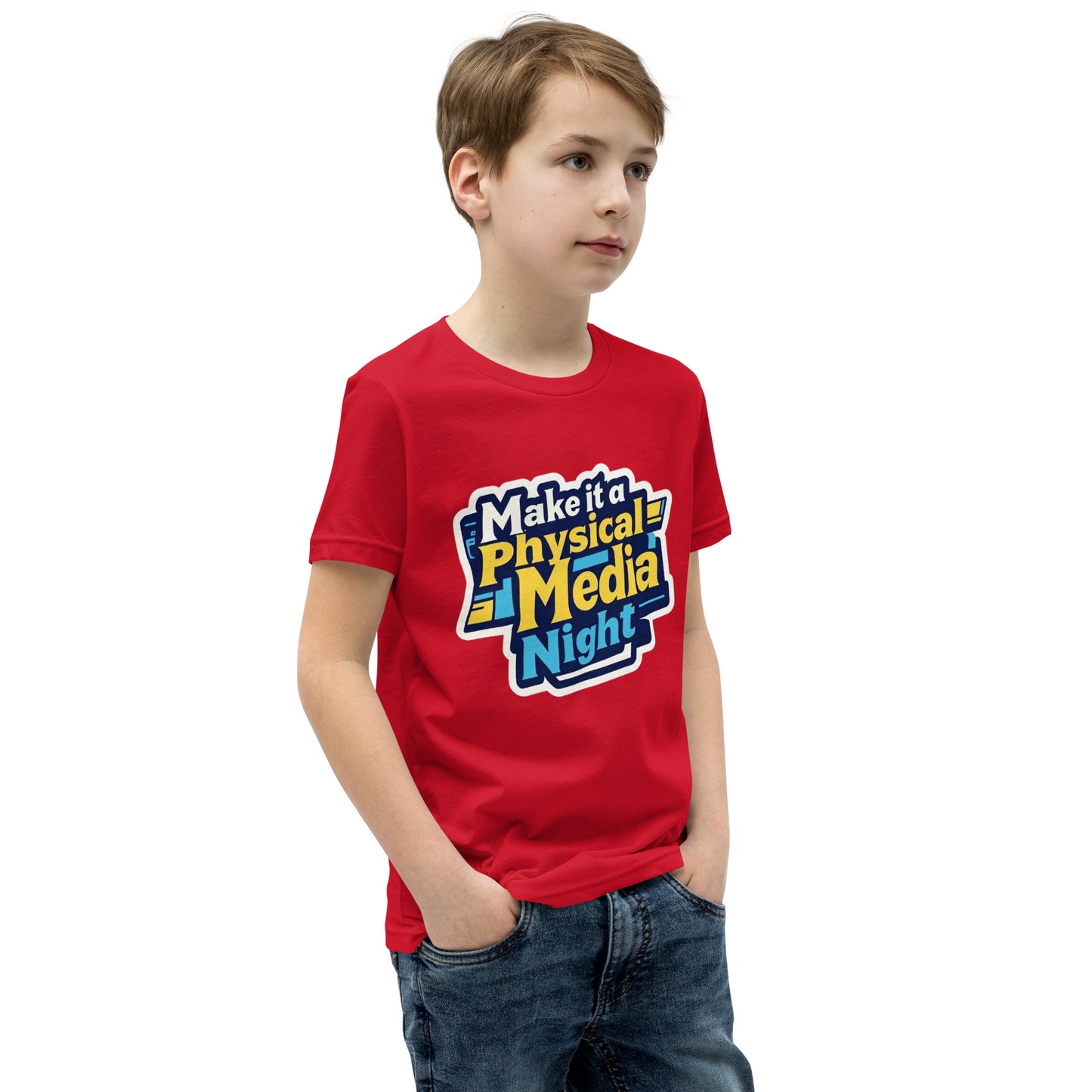 Make it a Physical Media Night Youth Short Sleeve T-Shirt  from Rare Plus Apparel – unique movie & pop culture inspired design.