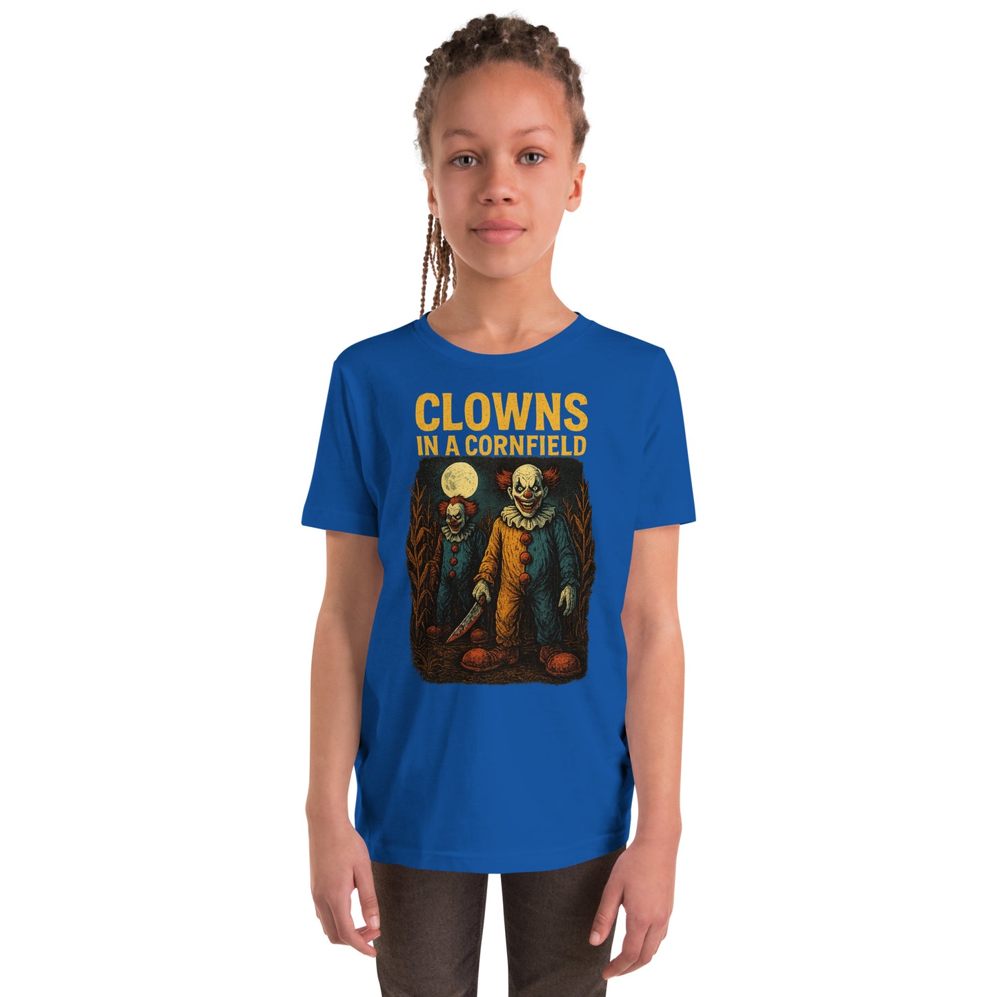 Clowns in a Cornfield Youth Short Sleeve T-Shirt  from Rare Plus Apparel – unique movie & pop culture inspired design.