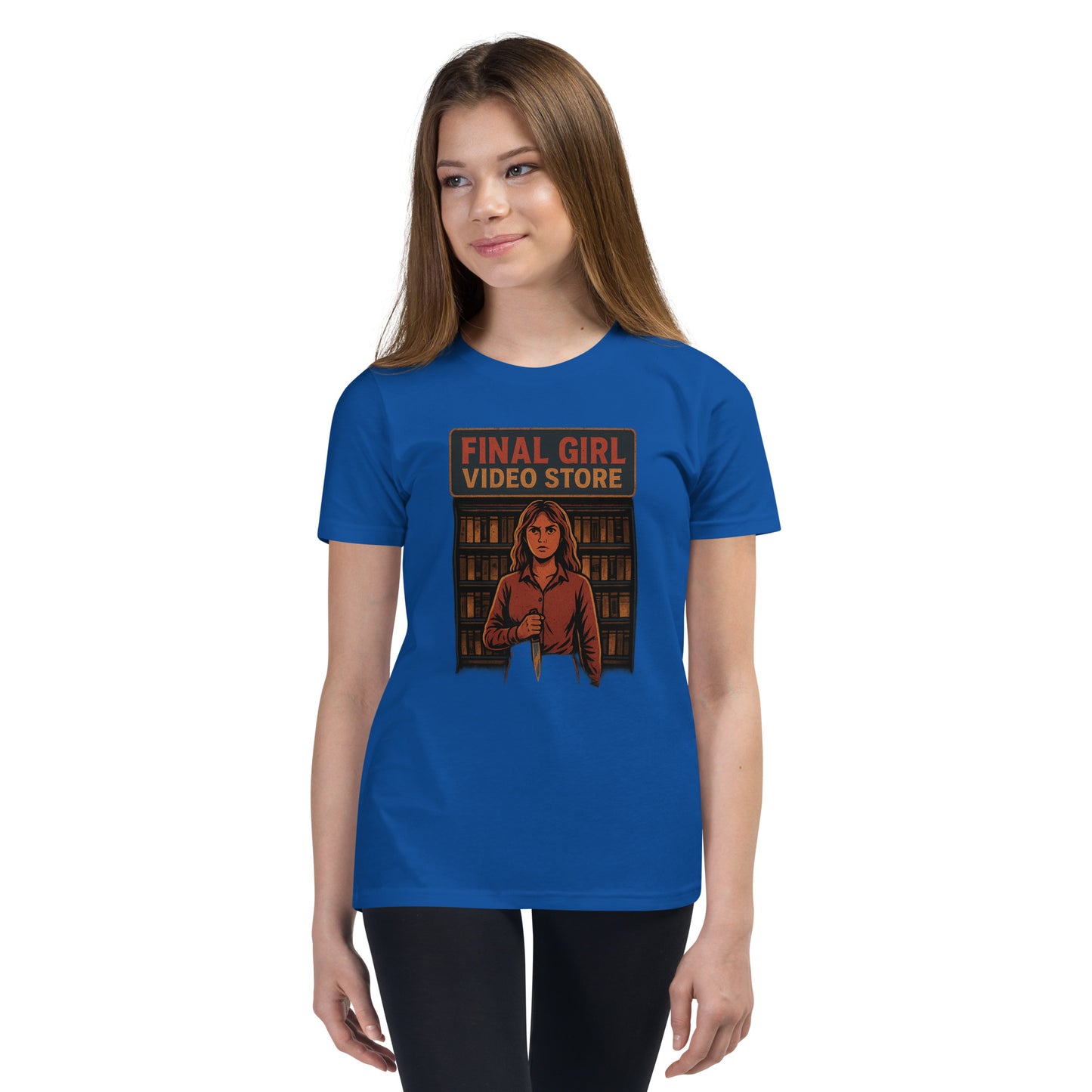 Final Girl Video Store Youth Short Sleeve T-Shirt  from Rare Plus Apparel – unique movie & pop culture inspired design.