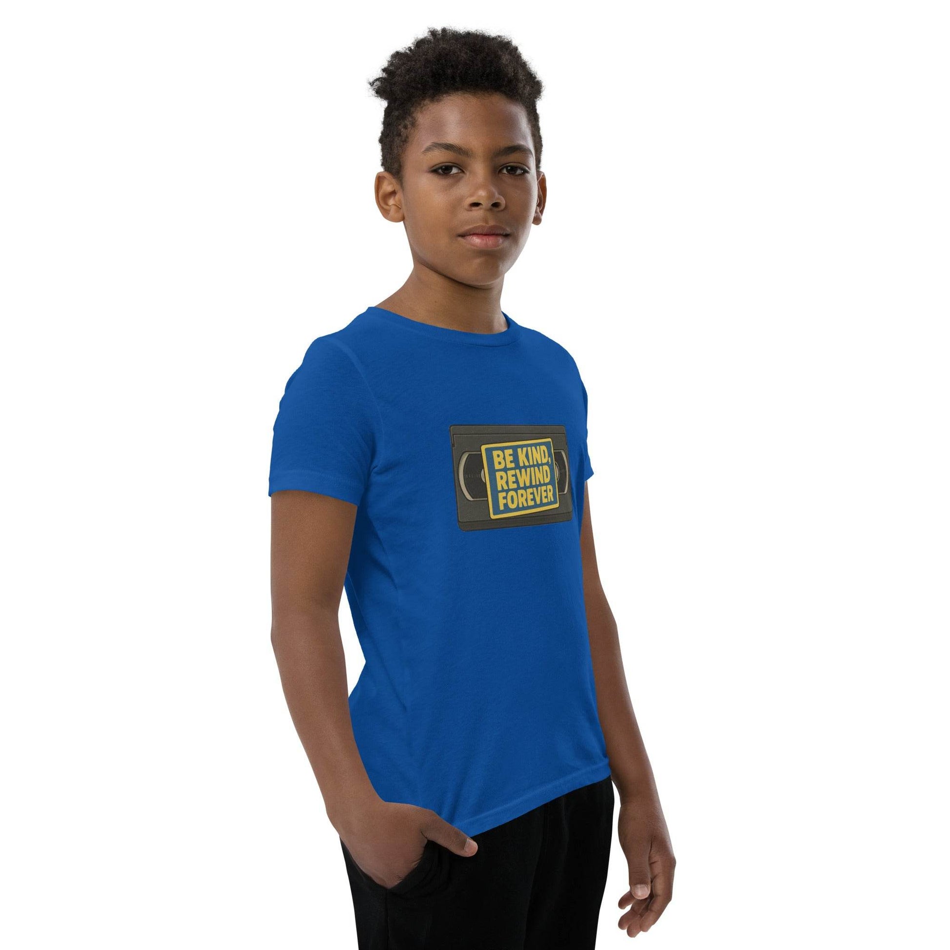 Be Kind, Rewind Forever Youth Short Sleeve T-Shirt  from Rare Plus Apparel – unique movie & pop culture inspired design.