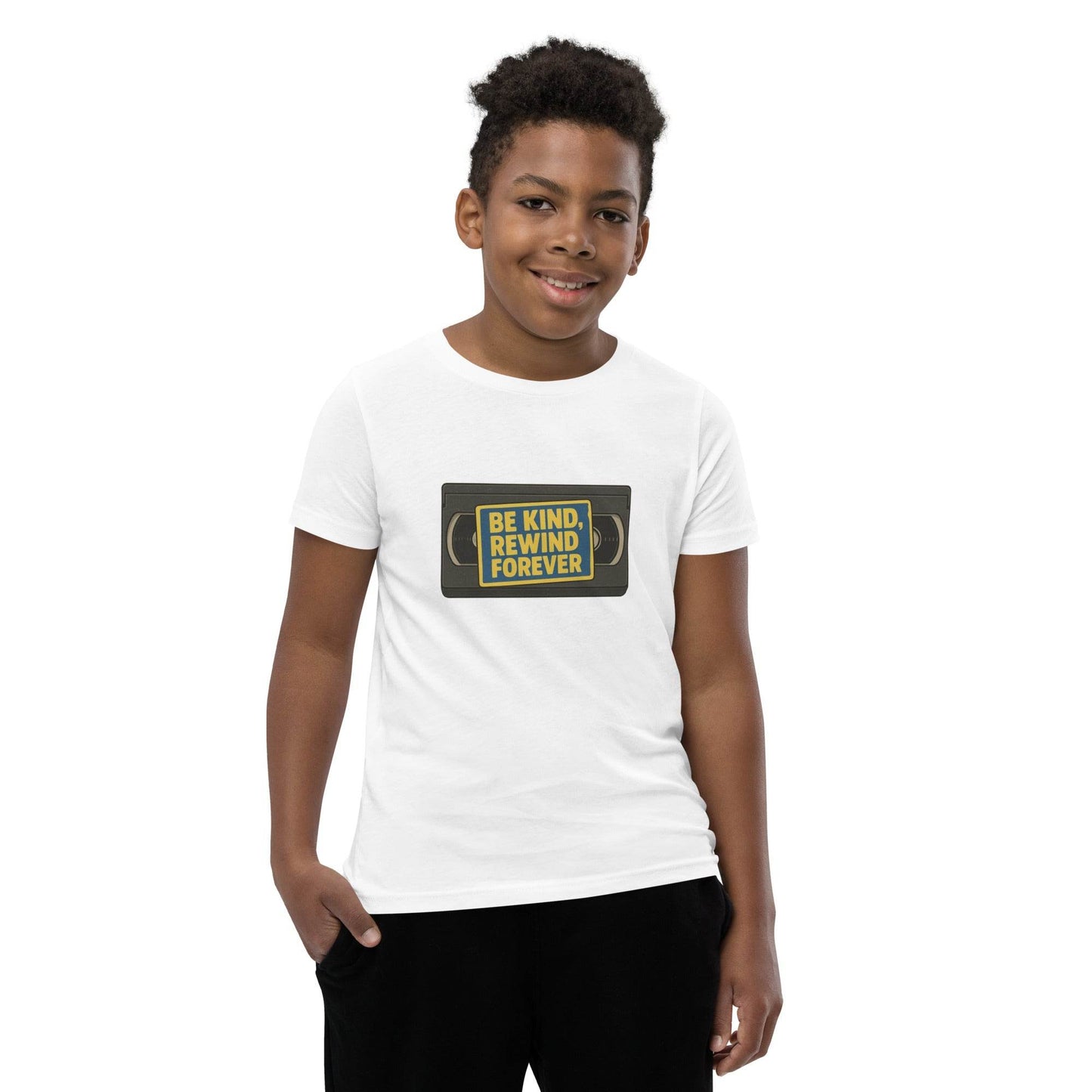 Be Kind, Rewind Forever Youth Short Sleeve T-Shirt  from Rare Plus Apparel – unique movie & pop culture inspired design.